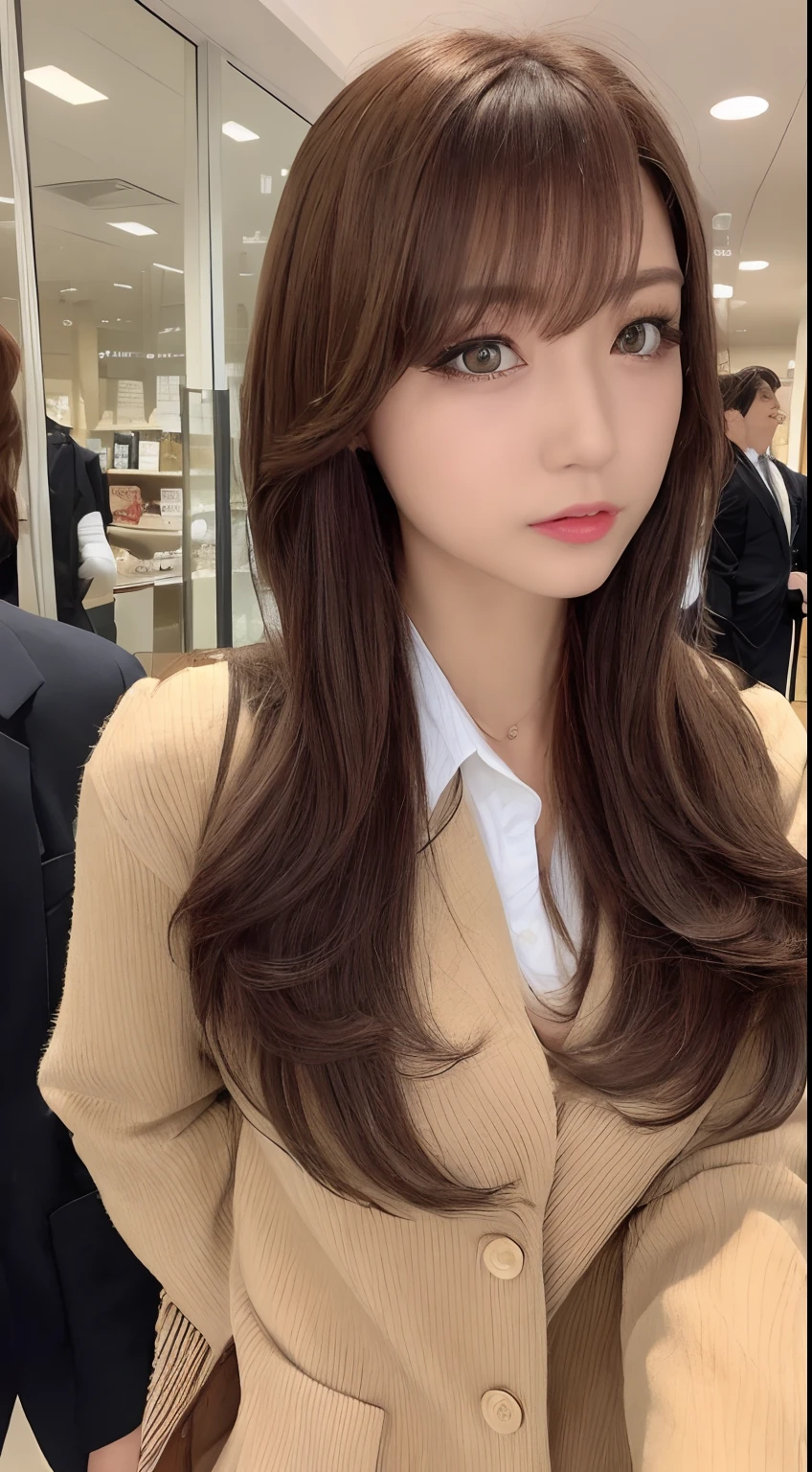 ((top-quality、8K、masterpiece: 1.3))、Woman at work、Solo subjects、sharp: 1.2、Perfect Body Beauty: 1.4、Slender Abs: 1.2、((Layered Hair Style、Colossal tits: 1.2))、(Business suits: 1.1 )、Street: 1.2、Highly detailed face and skin textures、A detailed eye、二重まぶた、long brown hair、Business suits、Hands behind、crouching down、