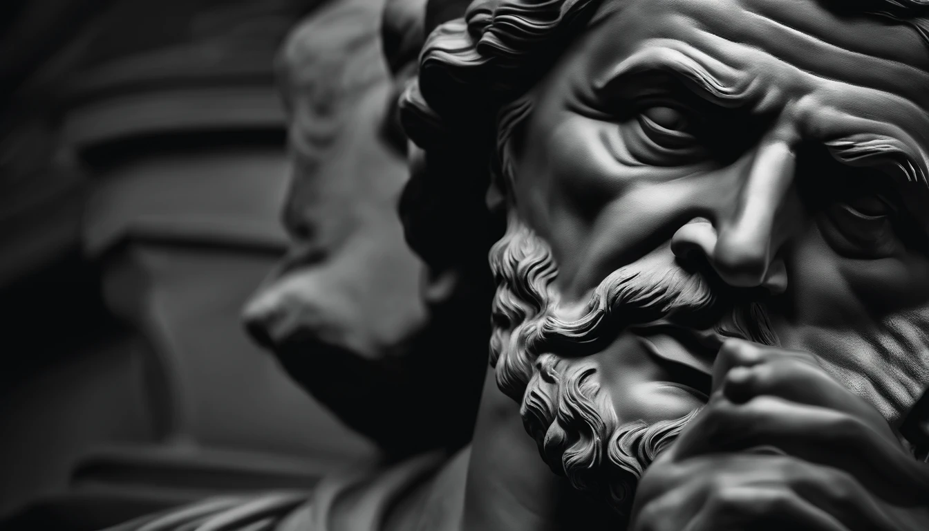 a portrait statue of the stoic Seneca in black and white 4K,Face de lado, papel de parede super realista