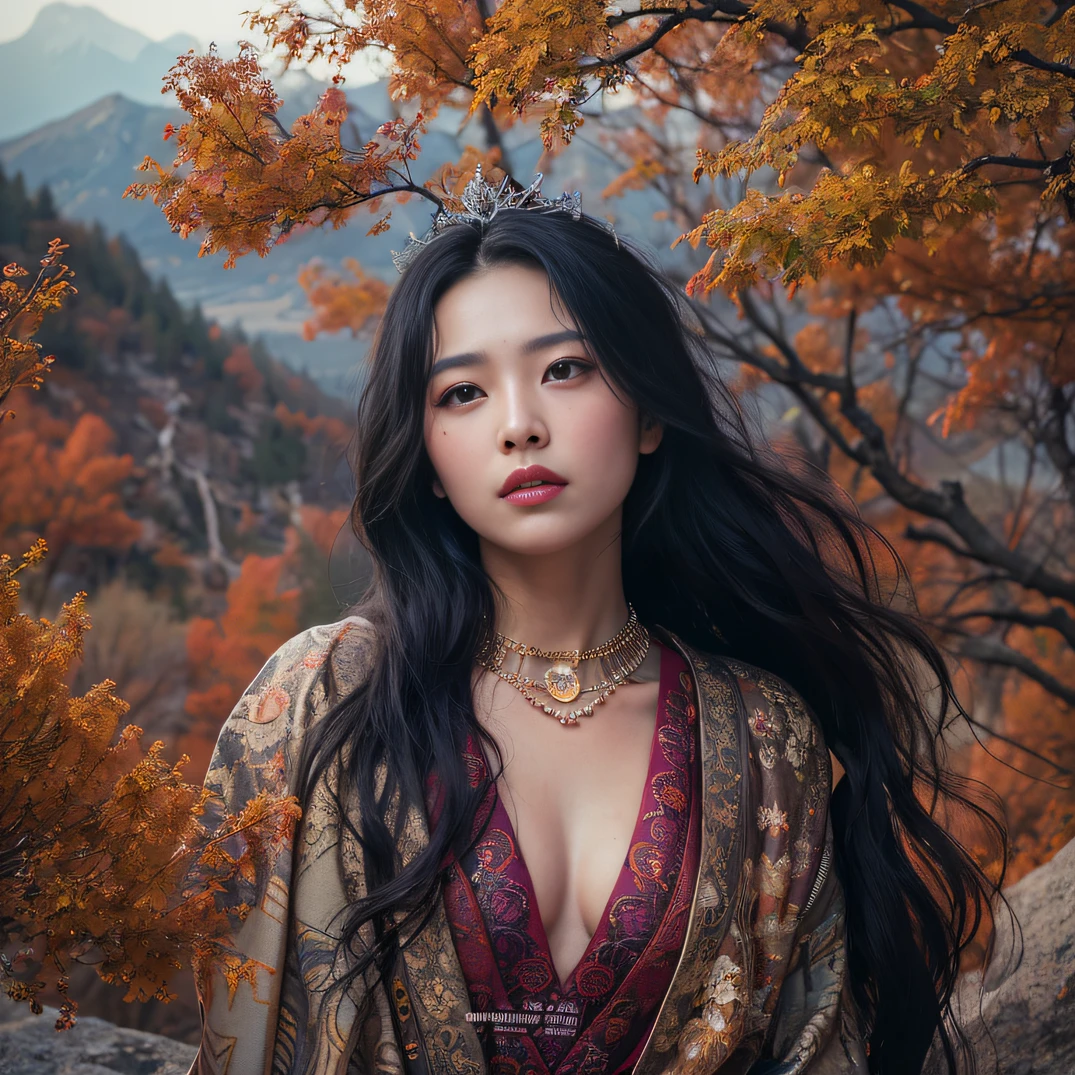 32K(tmasterpiece,k hd,hyper HD,32K)Long flowing black hair,Yellowstone,Tongzhou girl ,Flame protector(realisticlying:1.4),Python pattern robe,Purple-pink tiara,The leaves flutter,The canyon background is pure,Hold your head high,Be proud,The nostrils look at people, A high resolution, the detail,autumnal, RAW photogr, Sharp Re, Nikon D850 Film Stock Photo by Jefferies Lee 4 Kodak Portra 400 Camera F1.6 shots, Rich colors, ultra-realistic vivid textures, Dramatic lighting, Unreal Engine Art Station Trend, cinestir 800,Hold your head high,Be proud,The nostrils look at people