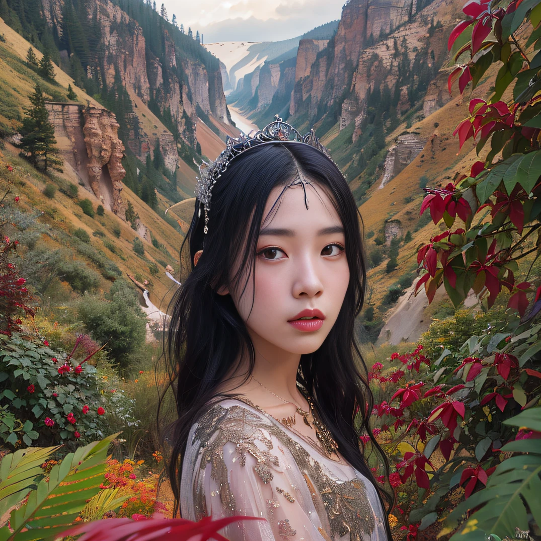 32K（tmasterpiece，k hd，hyper HD，32K）Long flowing black hair，Yellowstone，Tongzhou girl ，Flame protector（realisticlying：1.4），Python pattern robe，Purple-pink tiara，The leaves flutter，The canyon background is pure，Hold your head high，Be proud，The nostrils look at people， A high resolution， the detail，autumnal， RAW photogr， Sharp Re， Nikon D850 Film Stock Photo by Jefferies Lee 4 Kodak Portra 400 Camera F1.6 shots, Rich colors, ultra-realistic vivid textures, Dramatic lighting, Unreal Engine Art Station Trend, cinestir 800，Hold your head high，Be proud，The nostrils look at people