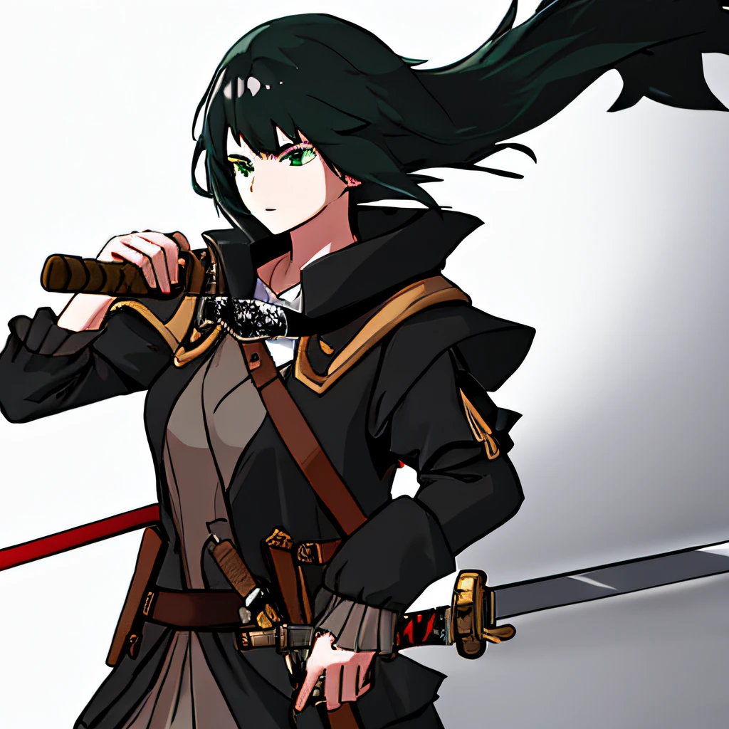 Girl with Dark hair, Green eyes, Black cloak, sword on back, bleach style