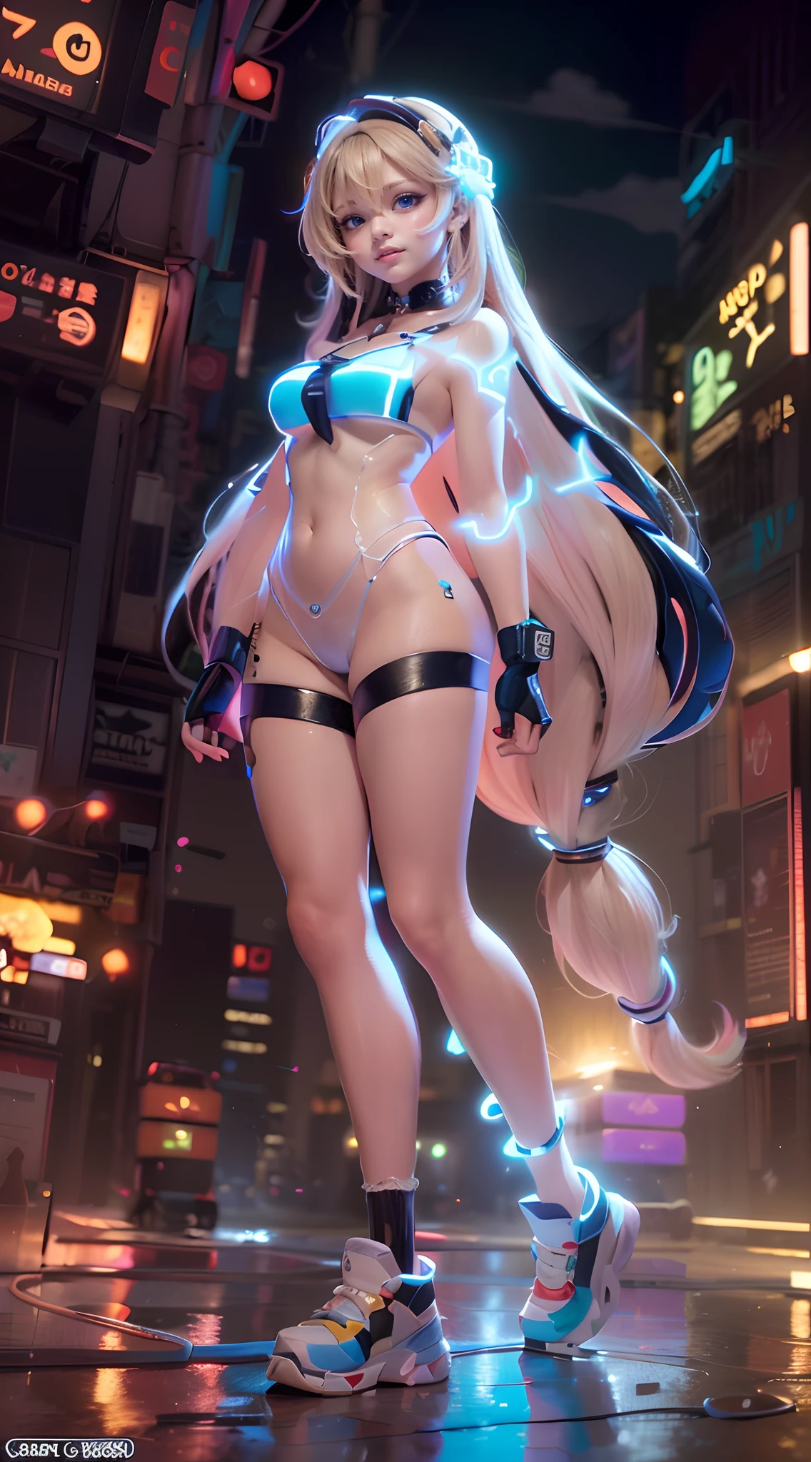 (Dynamic Angle:1.4), ((Full body posing:1.5), (Colorful:1.2), (Highly detailed live-action 16K wallpapers:1.1), (Denoising strength: 1.45), (tmasterpiece:1.37), ((Official art)), of the highest quality, (Realistic), Green Cyber Girl, 2 head body,Deformed Character,cute expression, (Super long hair:1.6),voluminous hair,Hair in motion,Golden hair,(Dark skin:1.3),Glowing eyes,(blue eyess:1.2), wires, (LED:1.3), (a hologram:1.2), futuristic city street, Neon light, Skyscrapers, (Night:1.2), (Rainbow Model:1.2), 8K resolution, Cinematic lighting, chromatic abberation, spark of light, Ray tracing, blending, ultra wide-angle, Hasselblad, (masutepiece), (masutepiece), ((Best Quality)), ((masutepiece)), nffsw