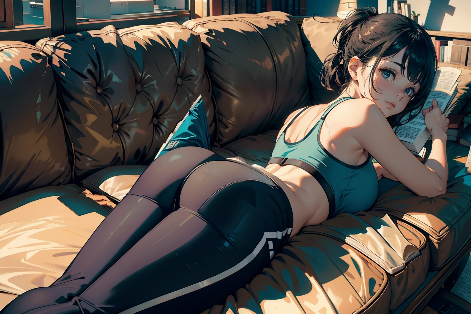lying face down, reading a book, looking at the book,