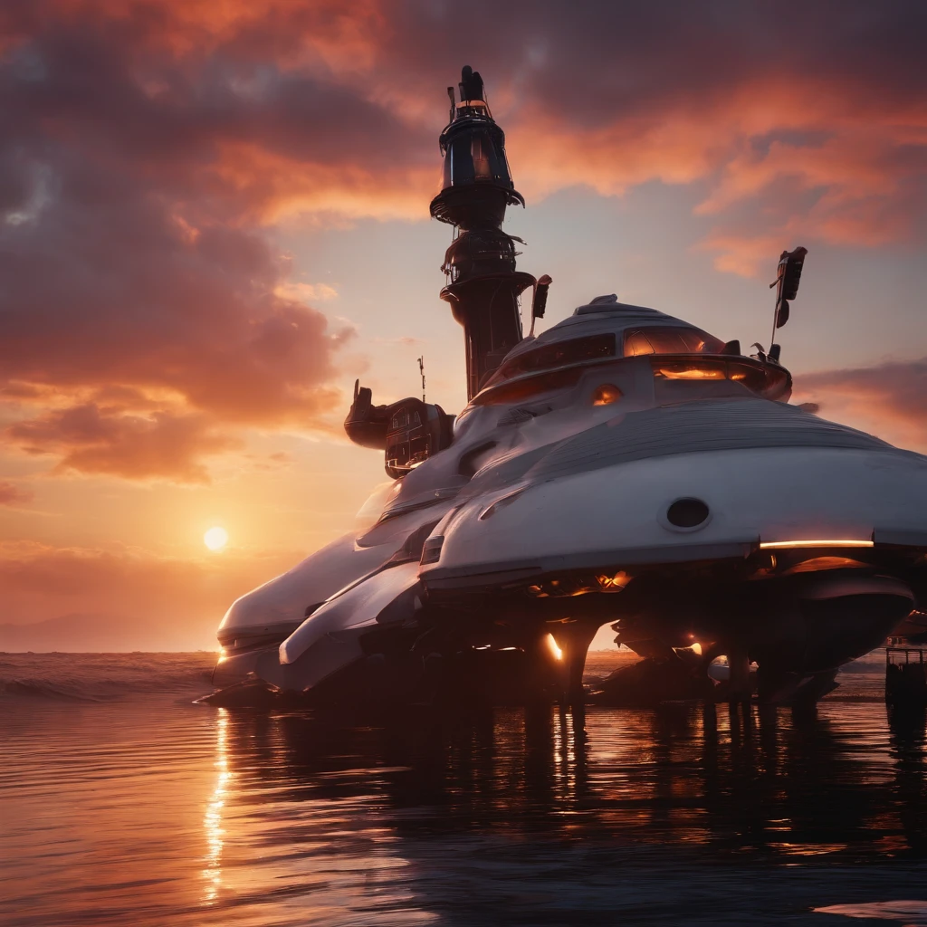 a crashing smoking WHITE black spaceship on another planet in the water near a bar tavern in a sunset