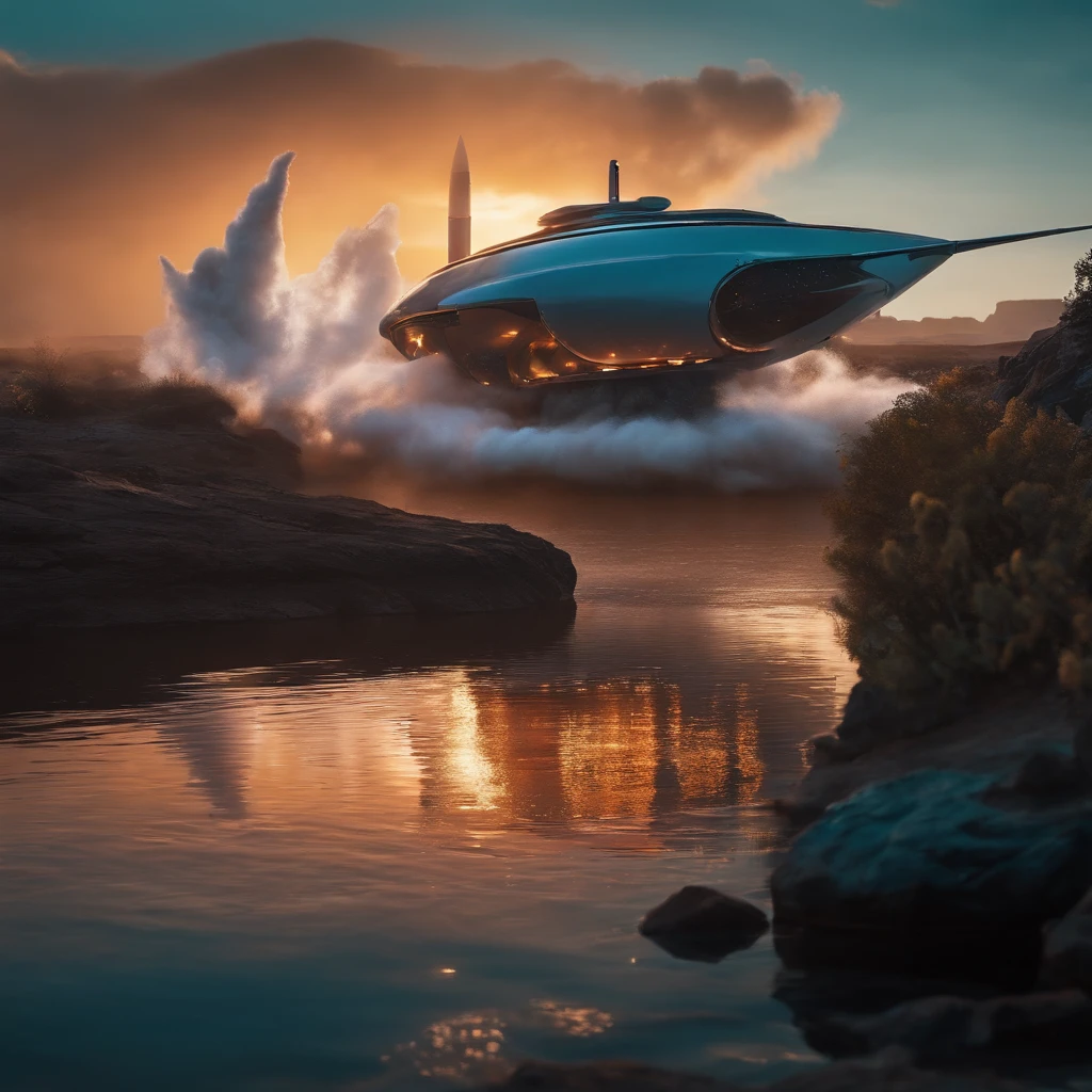 a crashing smoking WHITE black spaceship on another planet in the water near a bar tavern in a sunset