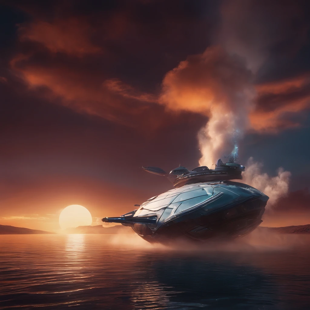 a crashing smoking WHITE black spaceship on another planet in the water near a bar tavern in a sunset