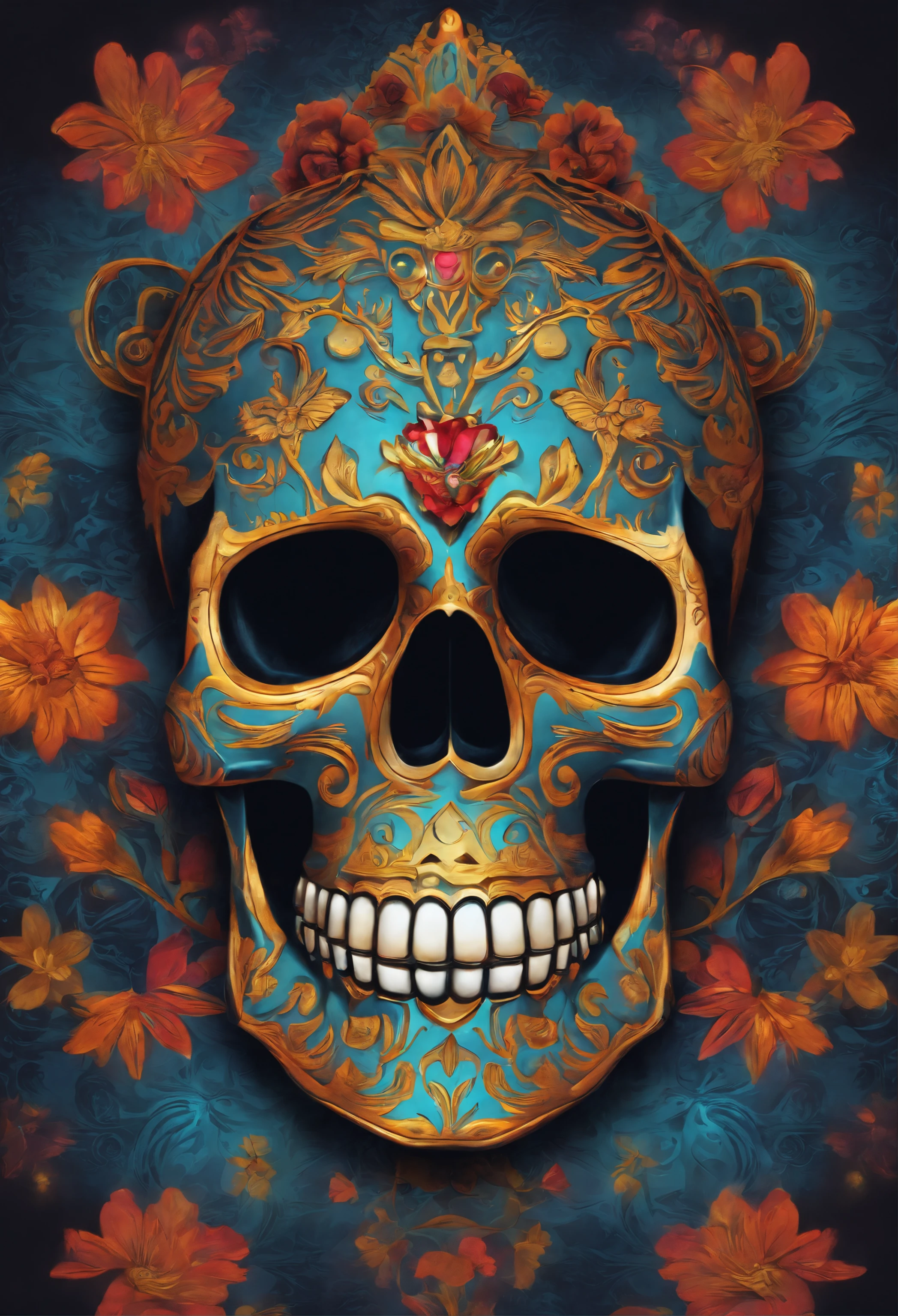brightly colored skull with a blue tie dye background, digital art by Jon Coffelt, tumblr, digital art, ( ( god king of ai art ) ), aztec skull, sacred skull, glowing aztec tattoos, day of all the dead, el dia los muertos!, dia de los muertos. 8 k, el dia los muertos, god king of ai art