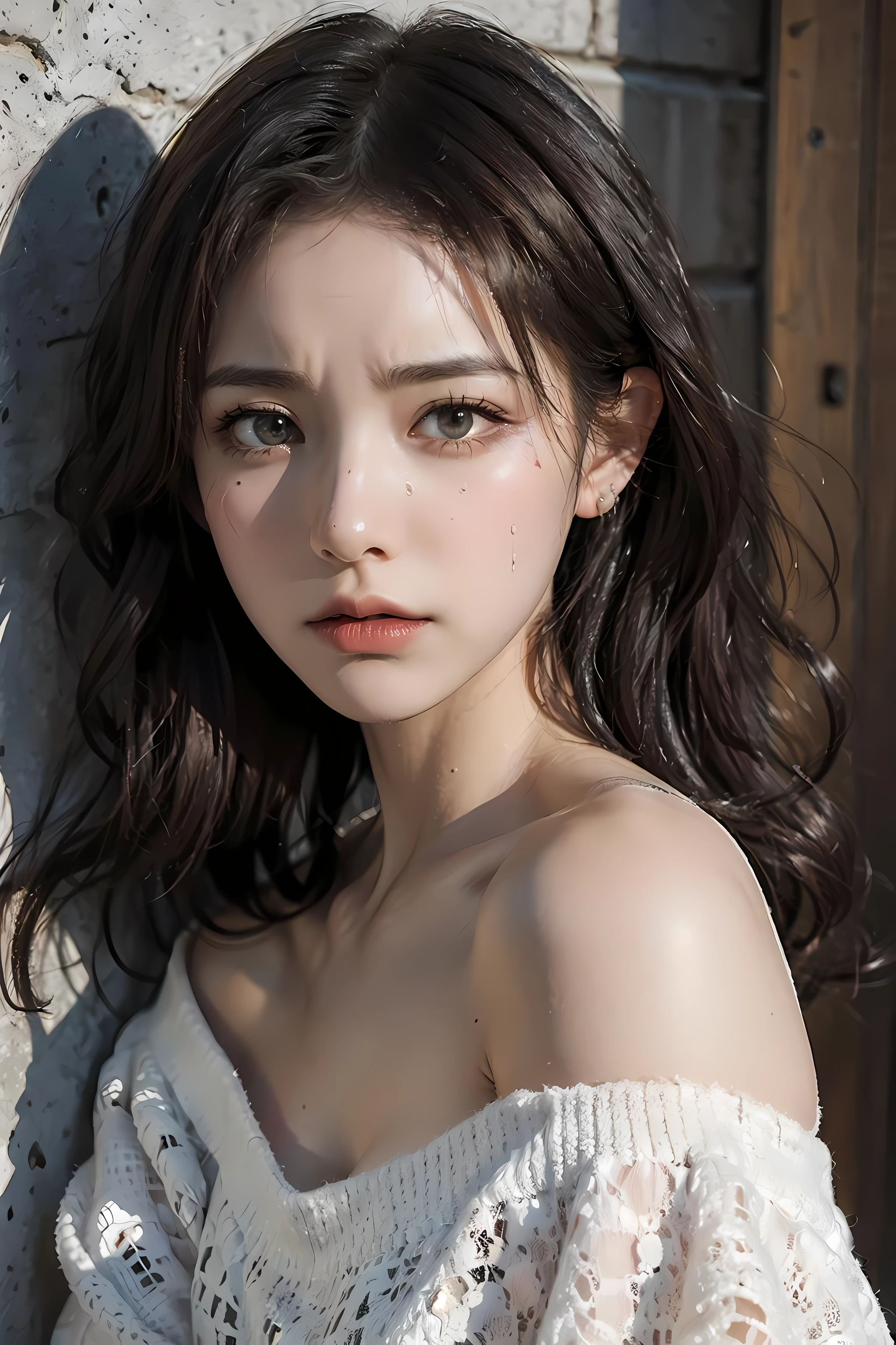 Best quality,masterpiece,ultra high res,(photorealistic:1.4),raw photo,(Authentic skin texture:1.3),(film grain:1.3),panorama,character portrait,very wide shot,narrow waist,cowboy shot,(in the dark, deep shadow, low key, cold light,) night,close-up,streaming tears,
indoor,dust,Tyndall effect,sad,disappointed,gloom (expression),sitting,(against wall),crying,frown,(head bowed),nervous,tearing up,lonely,
1girl,beautiful detailed eyes and face,white jabot,off shoulder,brown eyes,