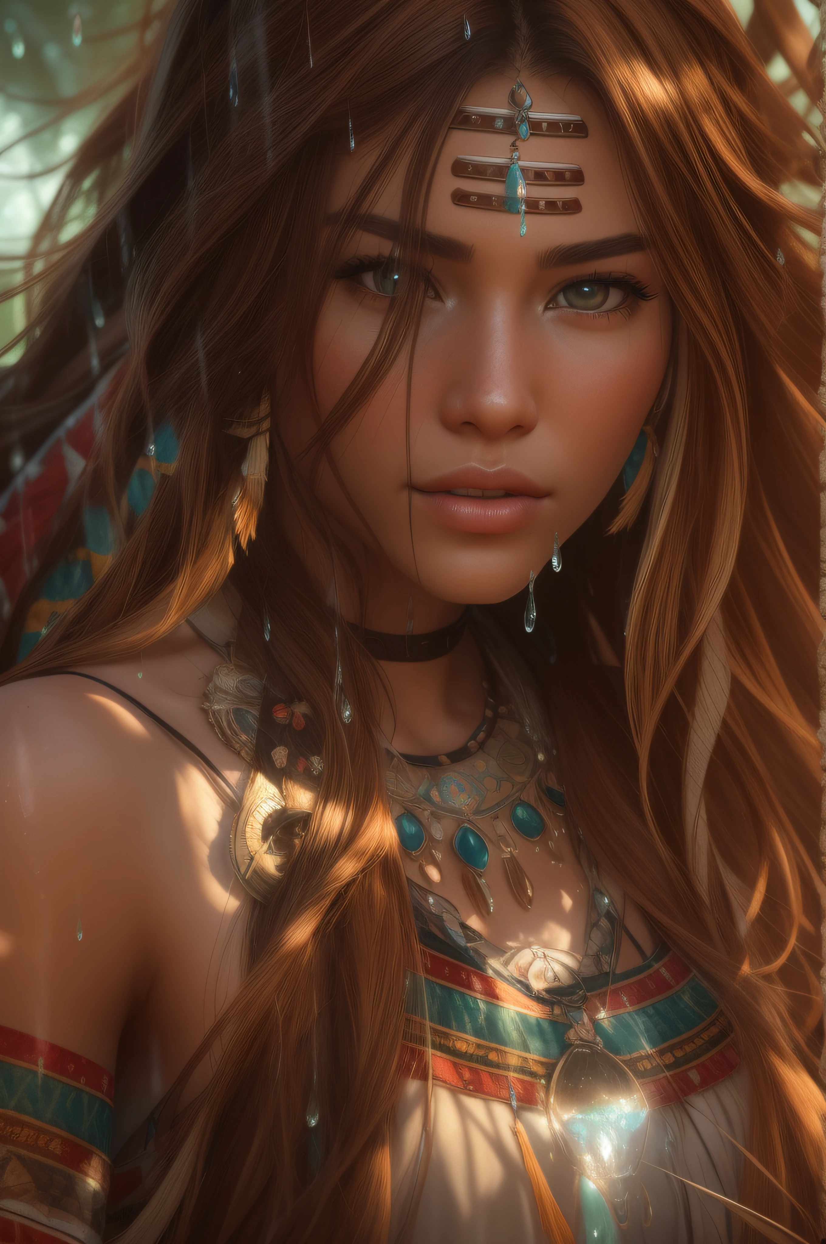 A 19-year-old native beautiful Apache woman with tanned skin and a 20-year-old Apache. Both are dressed in traditional sexy Apache attire., her long dark brown hair blowing in the wind as they kiss passional. professional photography, natural lighting, volumetric lighting maximalist photo illustration 8k resolution concept art intricately detailed, complex, elegant, expansive, fantastical, realistic beauty, long red hair, unique eyes, natural beauty, forest, feminine, rain, river bank, sultry beauty, professional portrait, abstract beauty. super detailed photography, Play of light in the sun rain, downpour, ((a drop of water falling from a height onto the surface of the water)), splashes, luminism, intricate, 4k concept art volumetric light, unrealistic engine, global illumination, detailed environment.