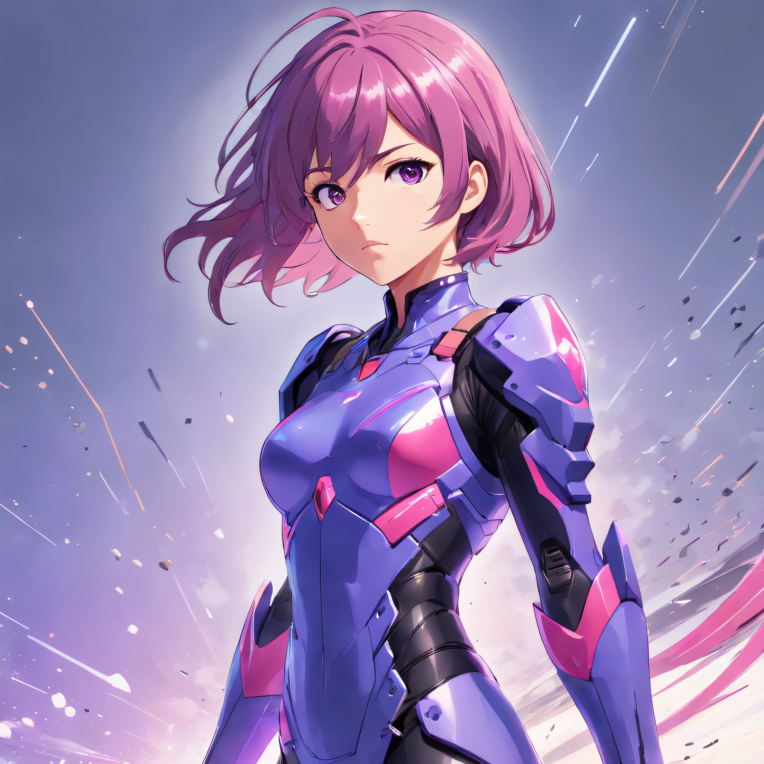 Young woman 25 years old with purple and pink multi-colored mid back length wavy hair wearing a tight sexy futuristic tactical armor with black and pink coloring with knee high black boots Standing in a battle ready striking and powerful stance in front of a complete white background.