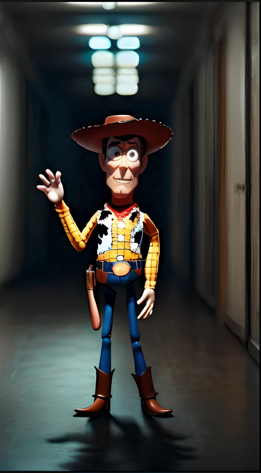 Sheriff Woody Toy Story angry ghoulish and sinister high definition looking at viewer, in dark gloomy room, completely black eye, 3D cinematic style, visible assets, Woody looking directly at camera, 4k, 8k.