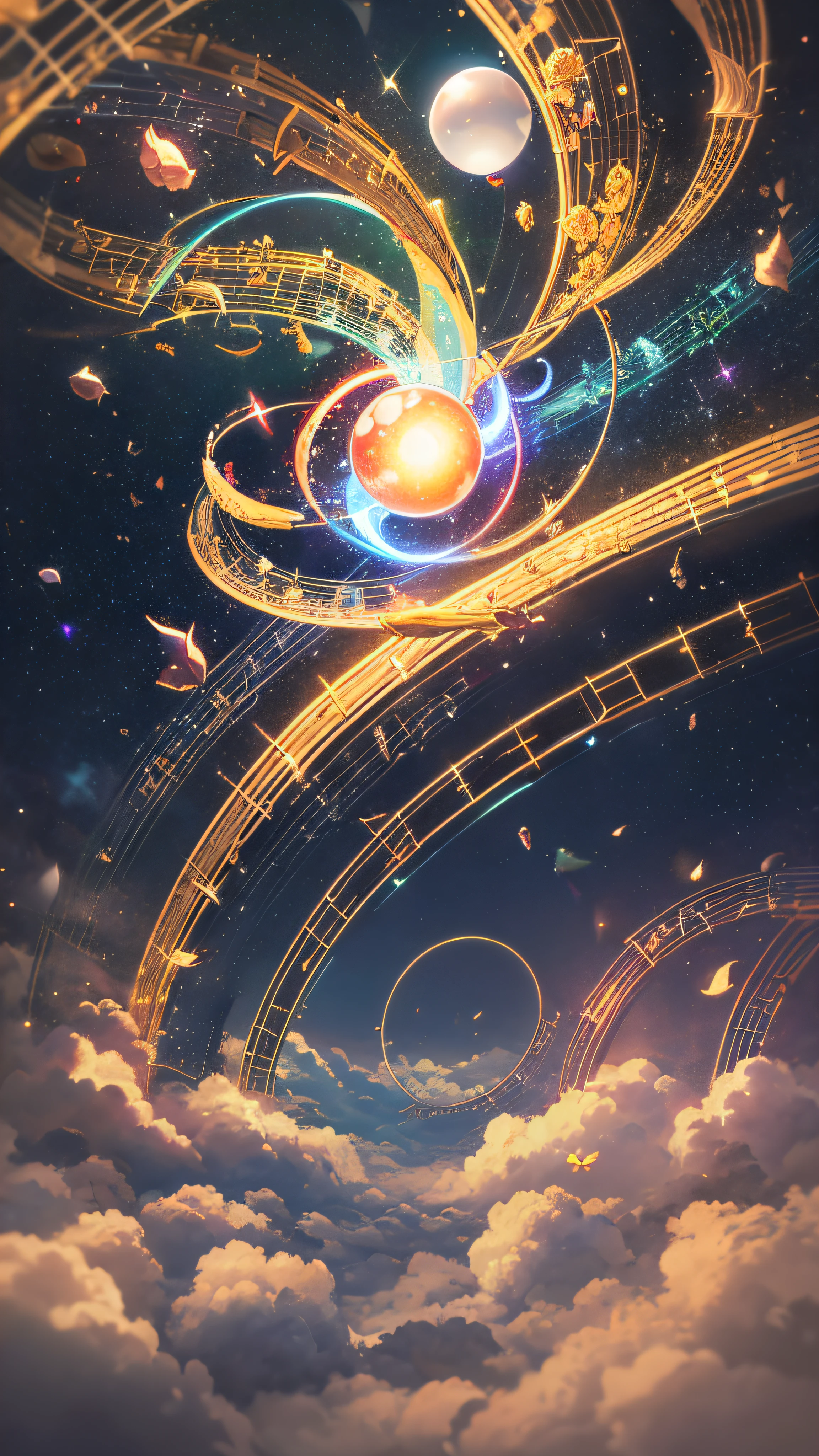 ((a magical world)),bright spheres of light,musical notes floating in the air,((strong colors)),mystical and enchanting atmosphere