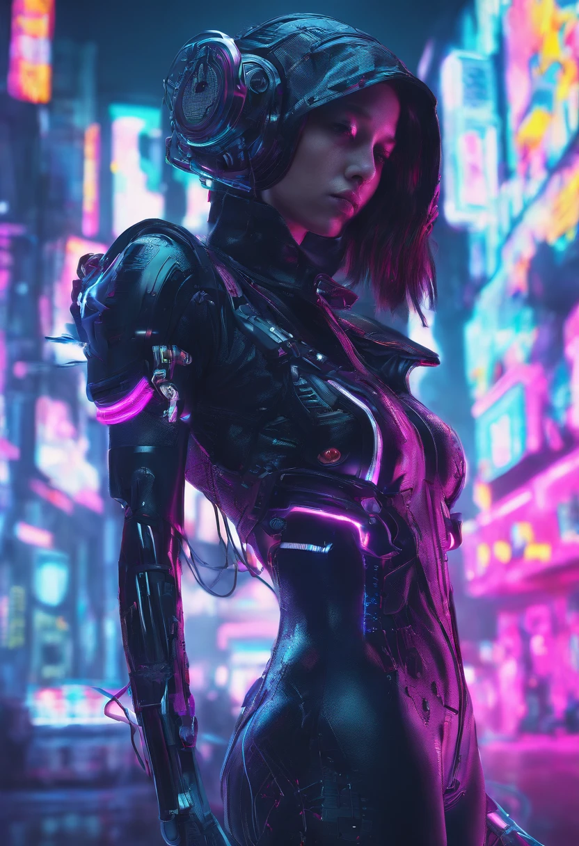 Cyberpunk-style woman with headphones, colored in black and neon, featuring intricate and complex mechanical structures with glowing parts. simple background, Photographed by Juergen Teller. Camera model: Sony A9 II. Camera parameters: shutter speed 1/200, aperture f4.5, ISO 800. Lighting style: street light. Fancy words: powerful, sleek, futuristic