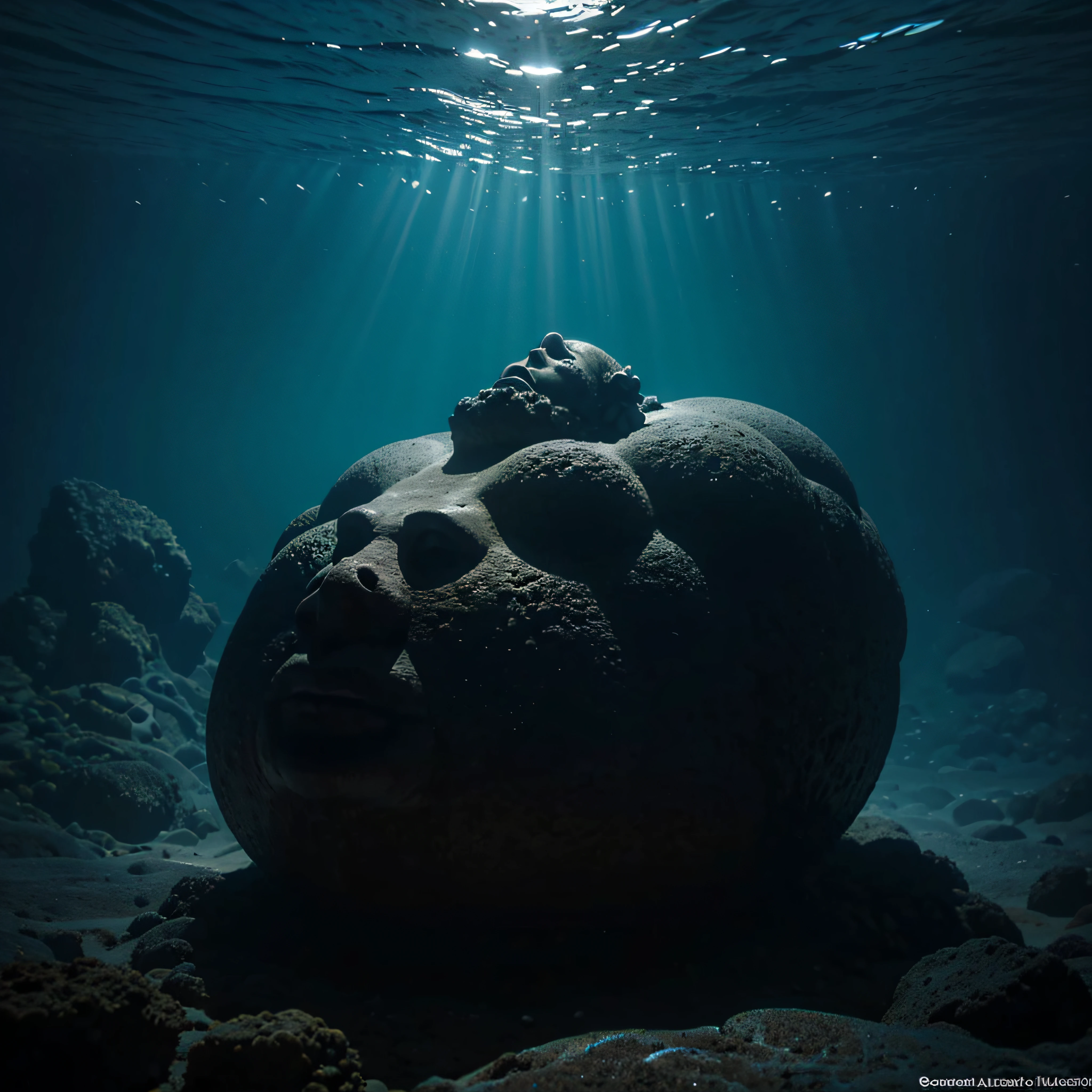 (extremadamente detallado, obra maestra, La mejor calidad, Under the Ocean), Estilo oscuro, volumetric illumination. textura de babosa, piel de caracol. ahogados flotando de fondo. Rococo composition.
