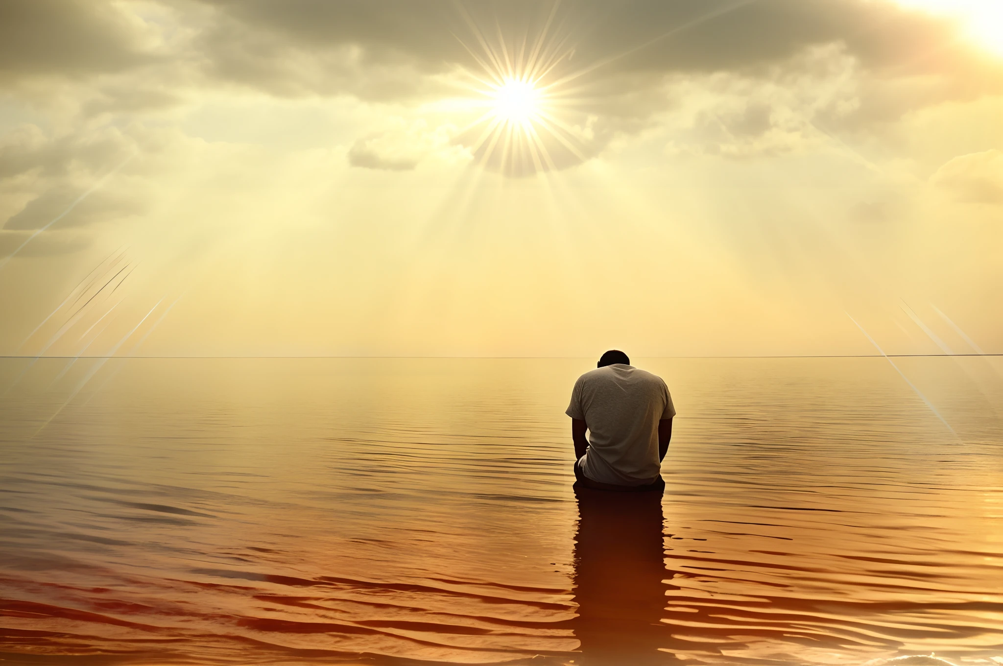 There is a man standing in the water looking at the sun, Rezando ao Sol, kneeling in prayer, praying, Imagem incrivelmente composta, Imagem absolutamente excepcional, he is all alone, orar meditando, doing a prayer, sun behind him, sua mente contemplando a eternidade, Prayer, reconfortante e familiar, divino, serene emotion, Rezar, feeling calm, cena espiritual