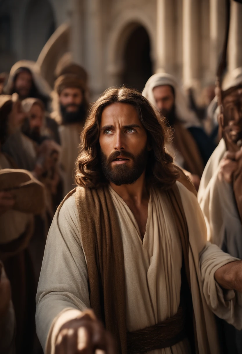 (((photorealism))),((jesus with a whip in his hands driving the changers from the temple in the new testament period)), (detail on jesus' angry expression),(detailed eye and high resolution beard and hair) ,(backyard of the temple in jerusalem),(revolting atmosphere), photograph taken with professional photography with Canon EOS M6 camera),8K,JERUSALEM IN BIBLICAL TIMES