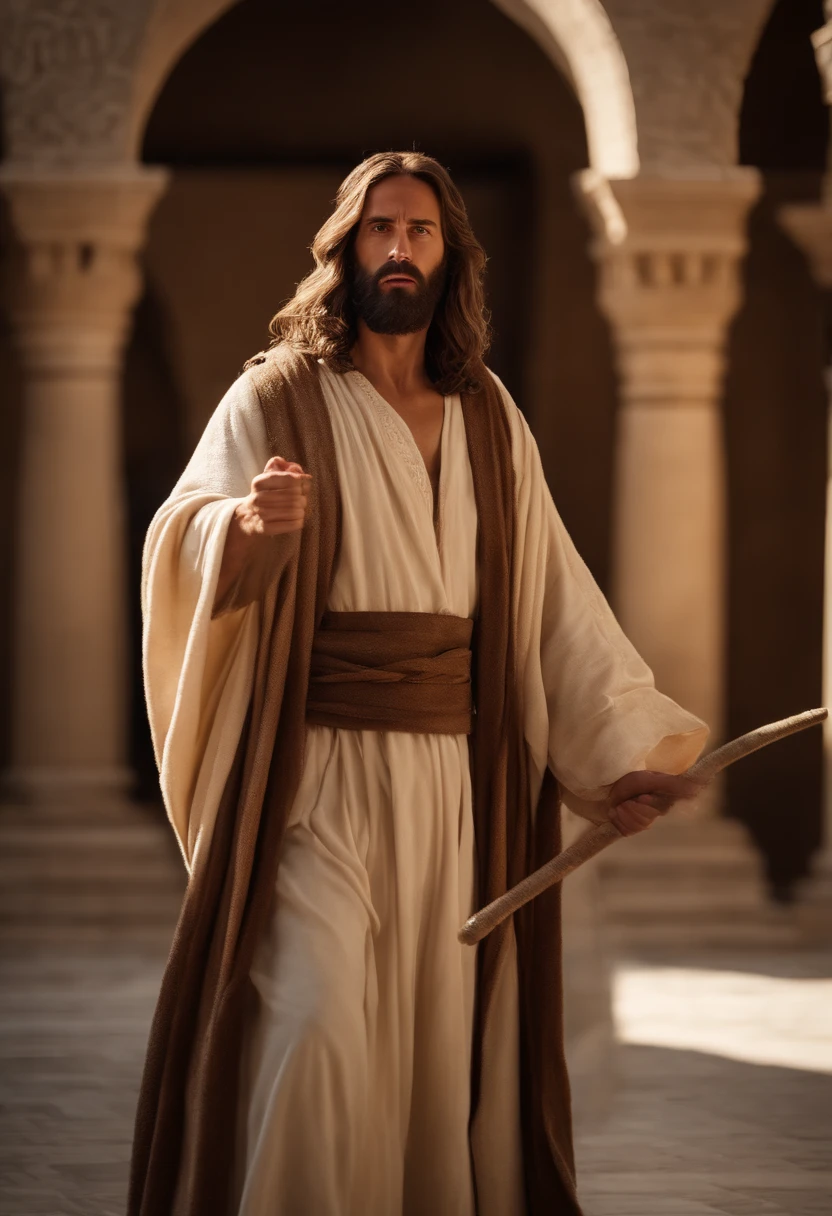 (((photorealism))),((jesus with a whip in his hands driving the changers from the temple in the new testament period)), (detail on jesus' angry expression),(detailed eye and high resolution beard and hair) ,(backyard of the temple in jerusalem),(revolting atmosphere), photograph taken with professional photography with Canon EOS M6 camera),8K,JERUSALEM IN BIBLICAL TIMES