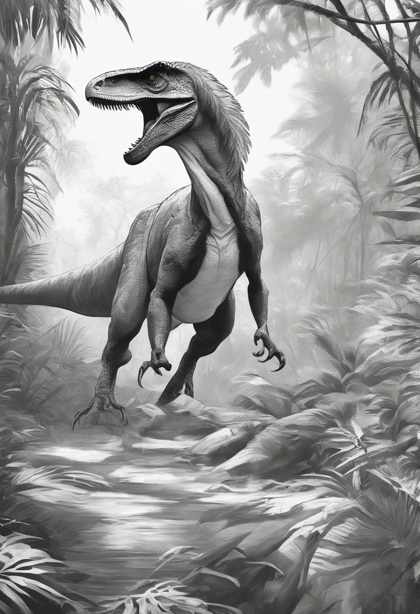 images of a Utahraptor in the jungle, to draw in black and white