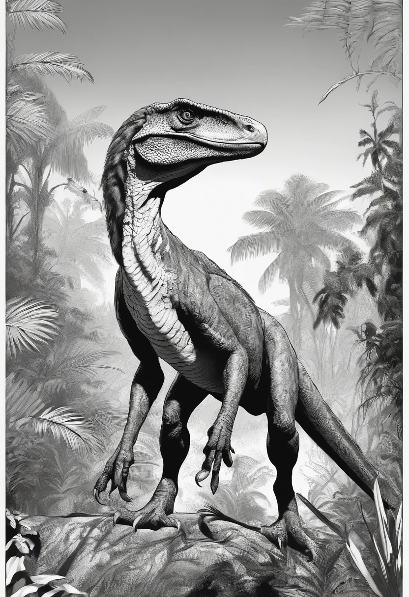 images of a Utahraptor in the jungle, to draw in black and white