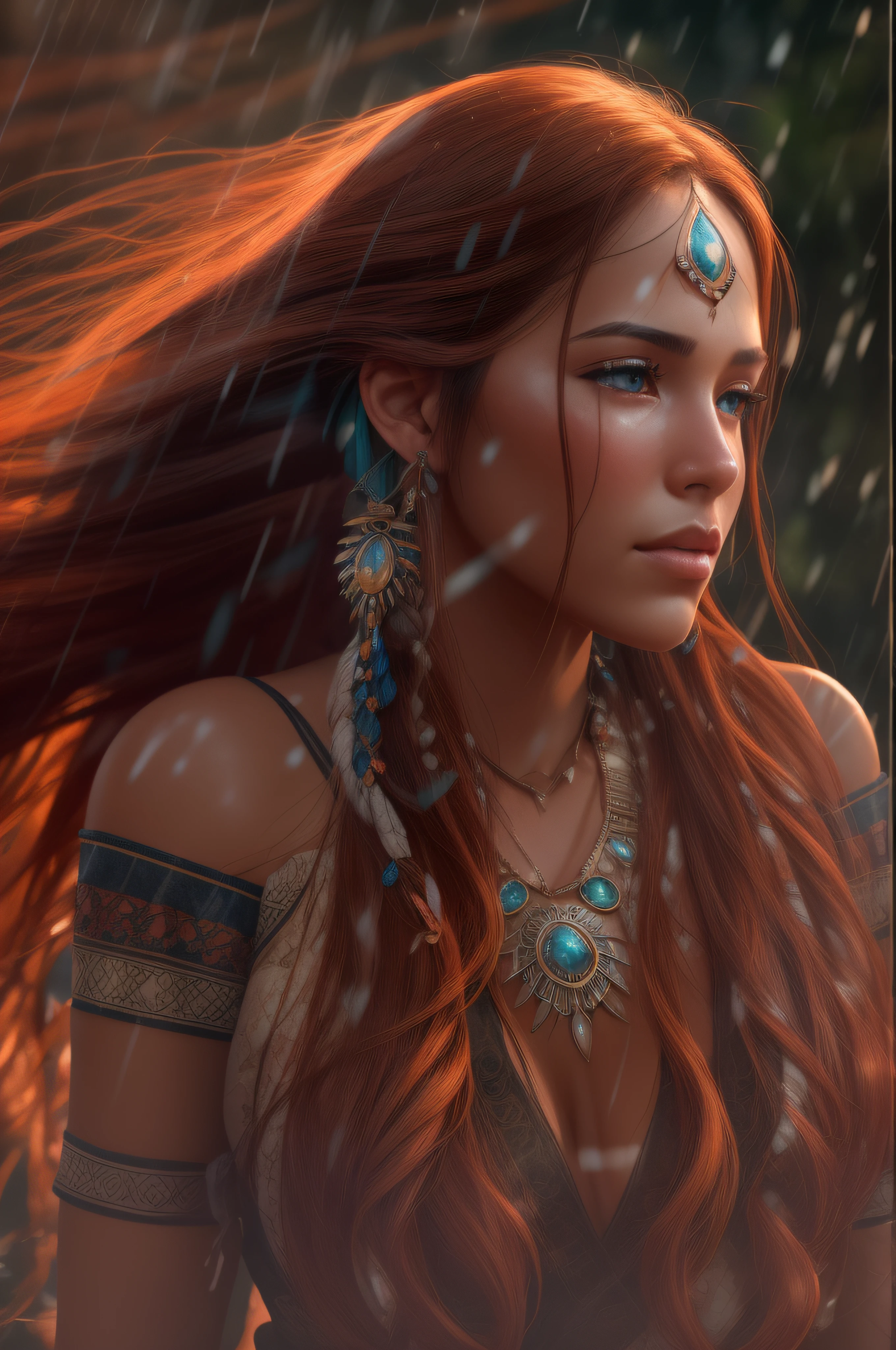 A 19-year-old native beautiful Apache woman with tanned skin and a 20-year-old Apache. Both are dressed in traditional sexy Apache attire., big breasts, her long dark brown hair blowing in the wind as they kiss passional. professional photography, natural lighting, volumetric lighting maximalist photo illustration 8k resolution concept art intricately detailed, complex, elegant, expansive, fantastical, realistic beauty, long red hair, unique eyes, natural beauty, forest, feminine, rain, river bank, sultry beauty, professional portrait, abstract beauty. super detailed photography, Play of light in the sun rain, downpour, ((a drop of water falling from a height onto the surface of the water)), splashes, luminism, intricate, 4k concept art volumetric light, unrealistic engine, global illumination, detailed environment.