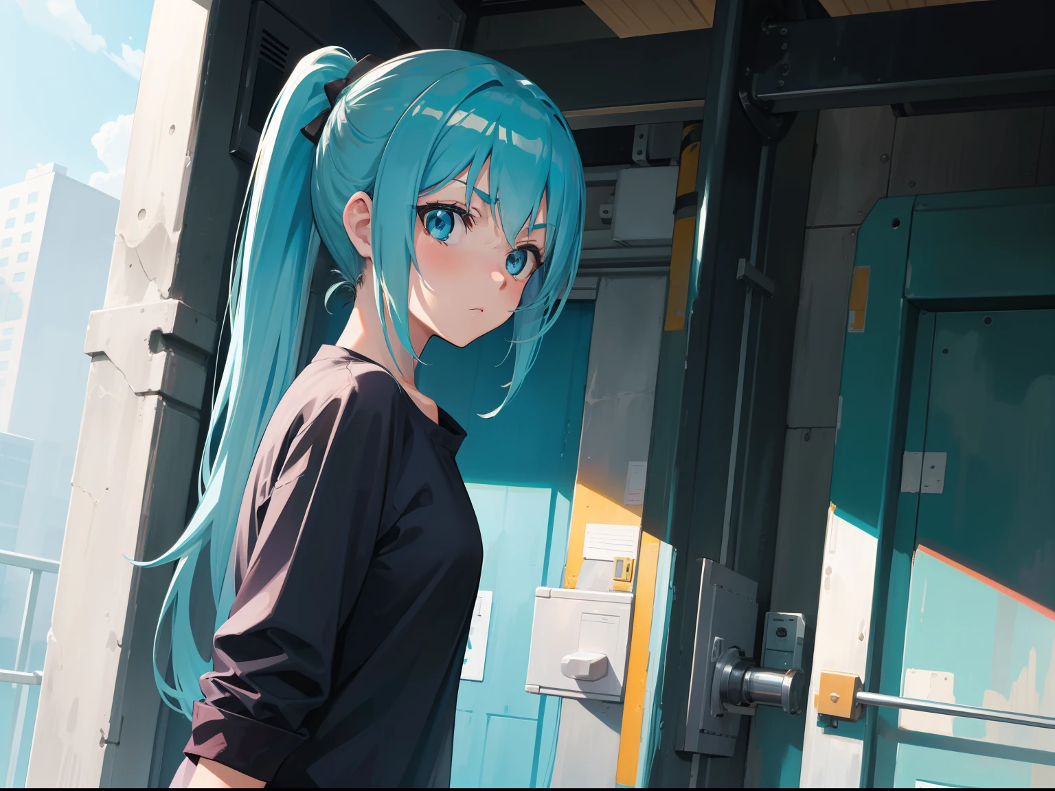 A serious girl,Aqua Blue Hair, Aqua blue eyes, Long Hair, Single Pony Tail, Wearing a Comfortable clothes