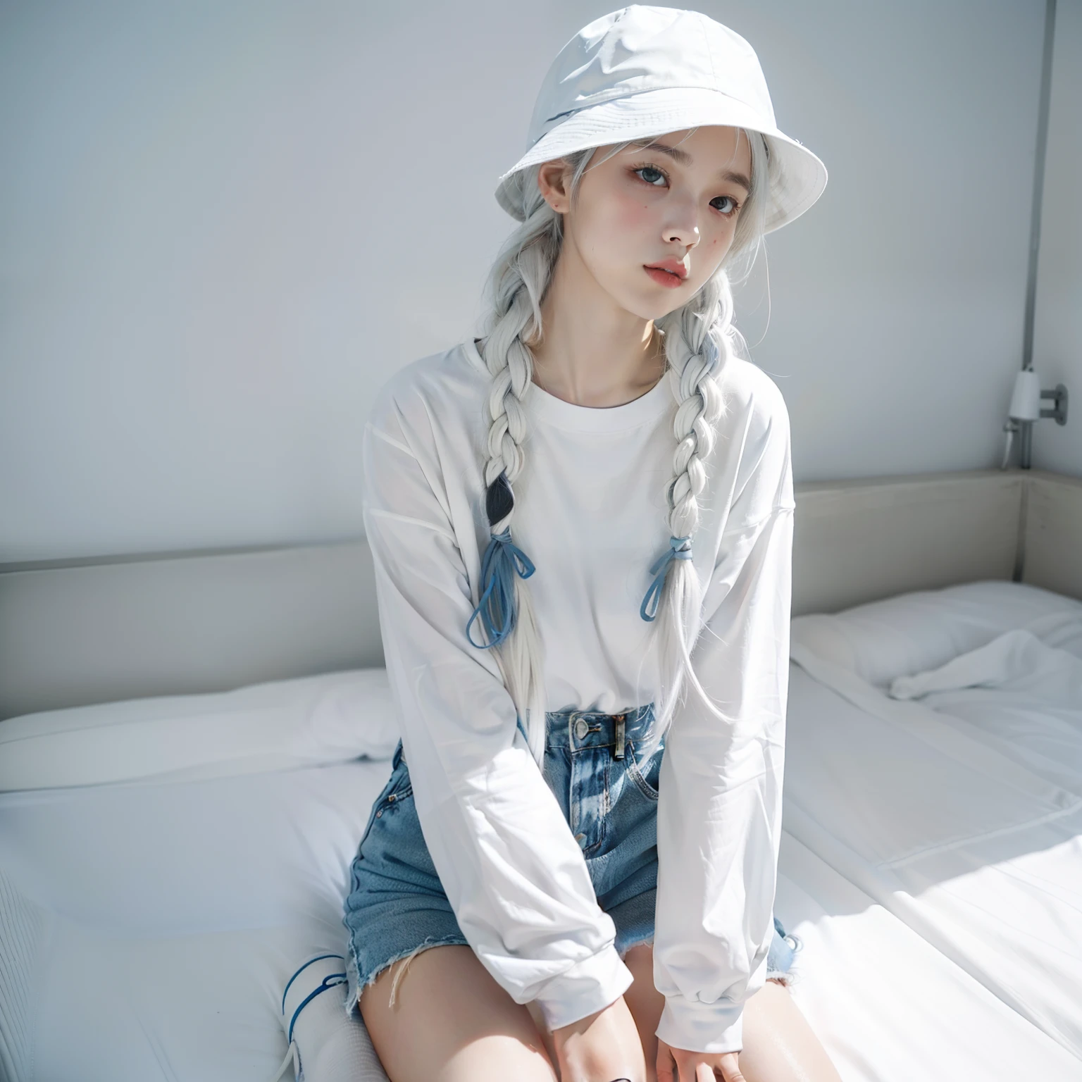 1人の女性、White bucket hat、White hair、Thin two braids、small light blue ribbon with braids,,,,、Long white T-shirt、White short skirt、White knee-high socks、skinny  body、large lips、thick eyebrow、sexypose、long-sleeve