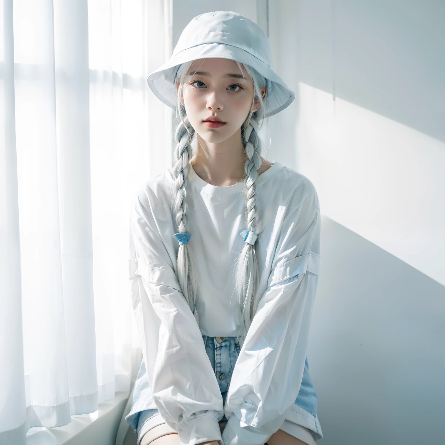 1人の女性、White bucket hat、White hair、Thin two braids、small light blue ribbon with braids,,,,,,,、Long white T-shirt、Short skirt with white plaid pattern、White knee-high socks、skinny  body、large lips、thick eyebrow、sexypose、long-sleeve