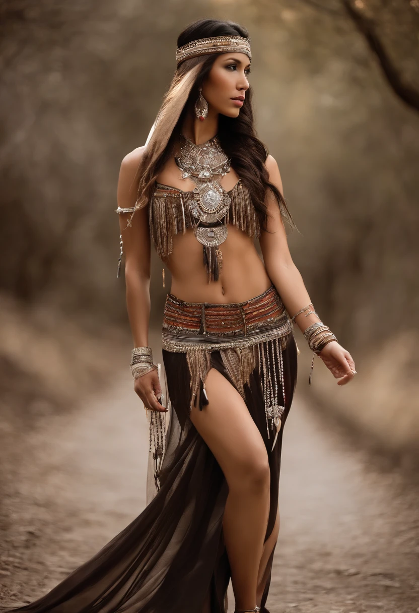 Native American beauty in dance poses, Luxurious leather abayas embroidered with intricate embroidery, Flowing tulle, Feather hair ornaments, hood, tattoo, Dark skin, Indian Jewellery, Native American style, Transparent and long color Ubert on arms, Navel ribbons, shoulders, Necks, Arm loop strips, Wreaths, bracelets, Anklets, Metal chain tassel around waist, Sun god wallpaper, ink wash, POPULAR CGSTATION, 巨作, Modern Quality, High-resolution details, 32k