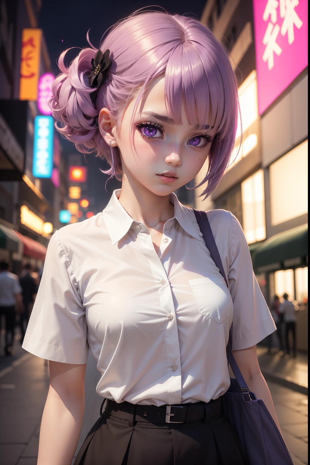 girlish, anime, pelo corto blanco, purple eyes, camisa corta, sentada, senos enormes, PC, gallardete, Vtuber, Estilo callejero,luces led
