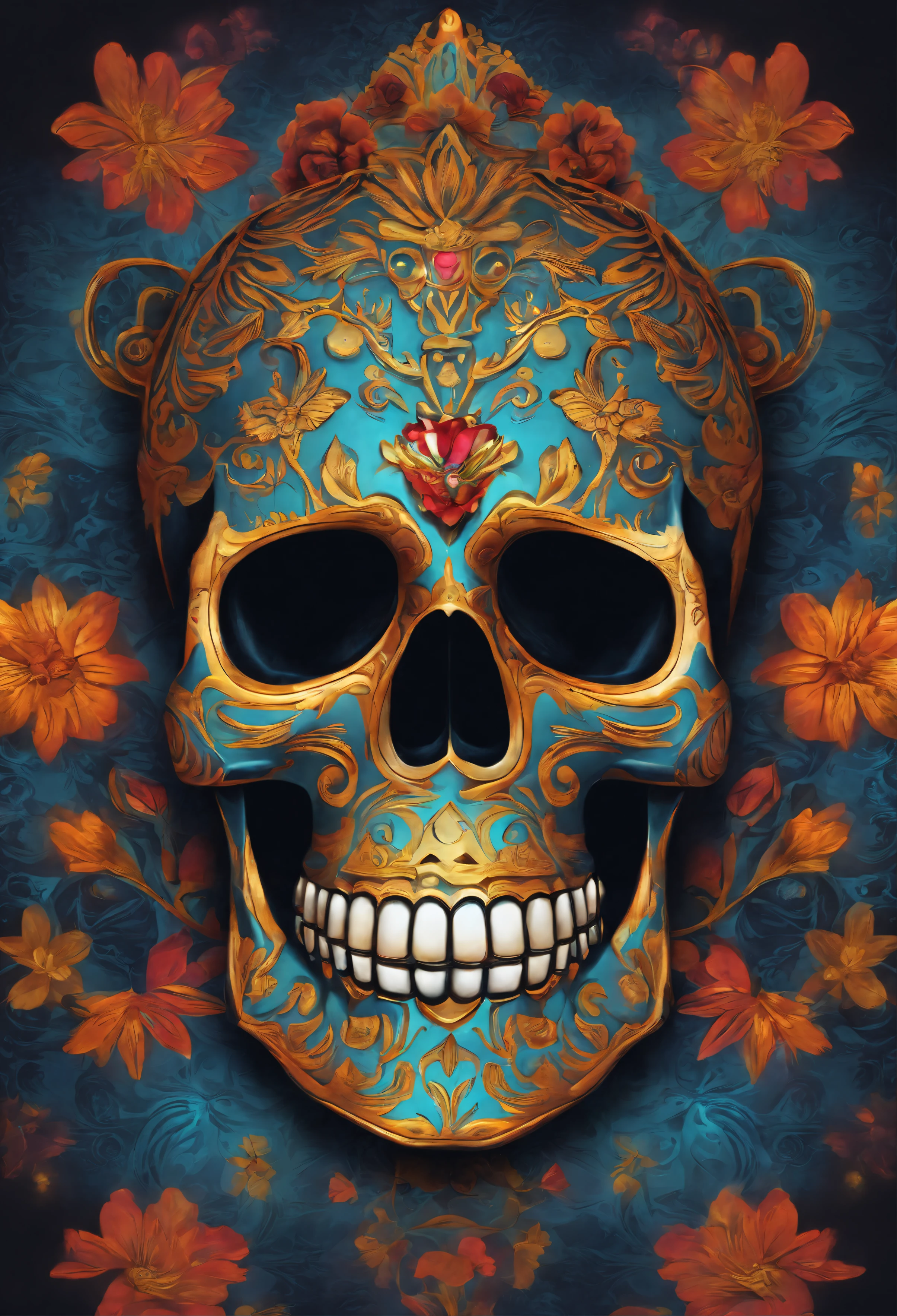 brightly colored skull with a blue tie dye background, digital art by Jon Coffelt, tumblr, digital art, ( ( god king of ai art ) ), aztec skull, sacred skull, glowing aztec tattoos, day of all the dead, el dia los muertos!, dia de los muertos. 8 k, el dia los muertos, god king of ai art