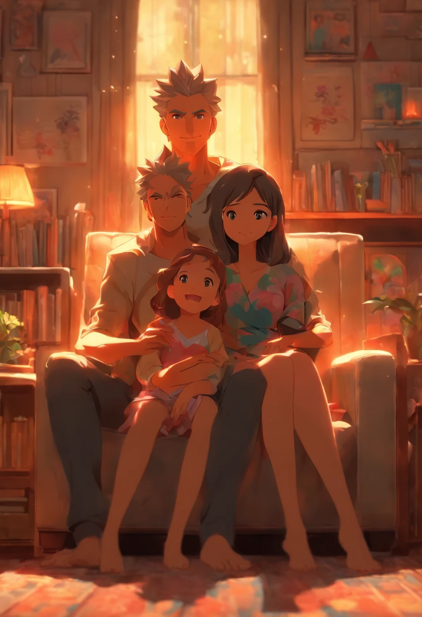 crie uma imagem: Full body illustration of father, mother and daughter family :: sala estante sofa.Personagem 3D, formato 4:3, cinco cores no total, estilo expressivo. Qualidade 5, tamanho 750.