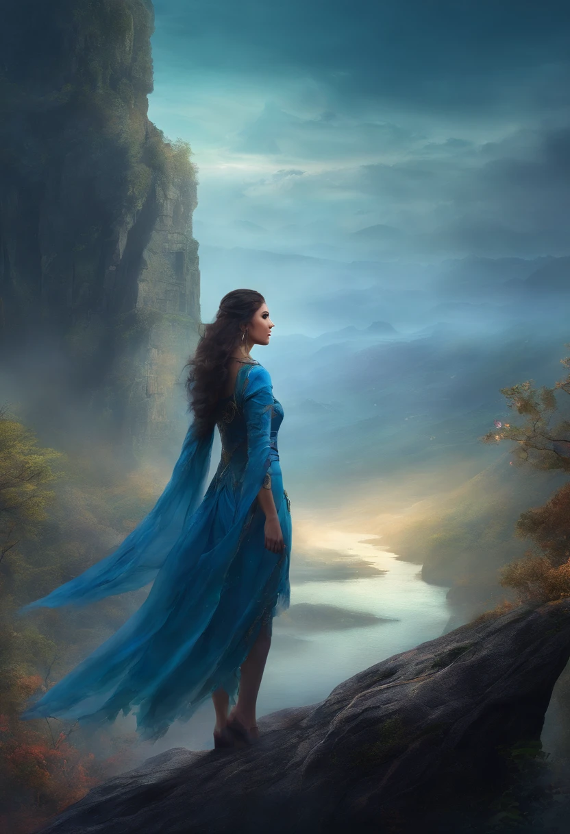 arafed woman in blue dress standing on a cliff overlooking a river, cinematic photograph concept art, dramatic cinematic shot, dark fantasy mixed with realism, dark fantasy atmosphere, eerie moorlands behind her, intricate and epic composition, dramatic matte painting, fantasy photography, dramatic fantasy art, realistic fantasy photography, moody misty fantasy art, dramatic backgroung, matte painting portrait shot