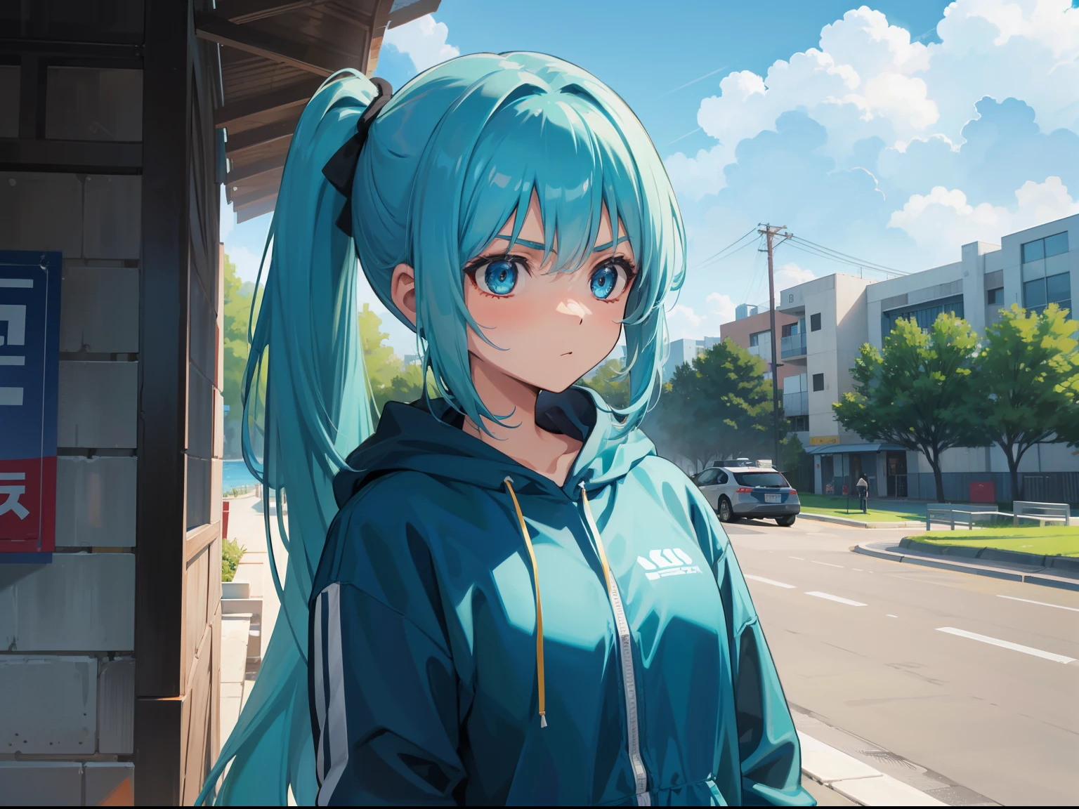A serious girl,Aqua Blue Hair, Aqua blue eyes, Long Hair, Single Pony Tail, Wearing a Comfortable clothes