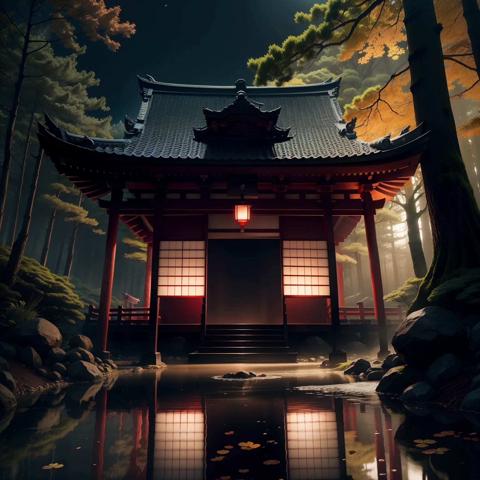 A Japanese temple in a dark forest.