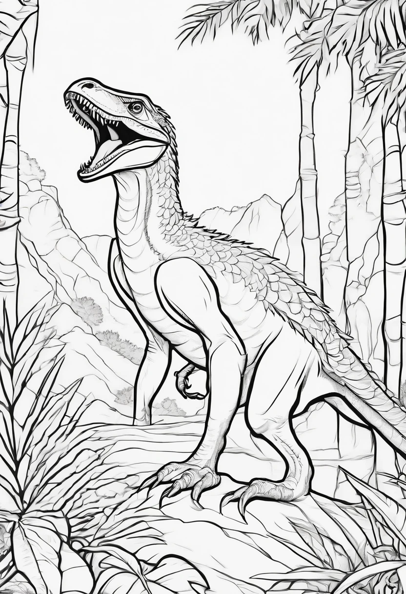 prompt coloring page for Kids, Utahraptor in a jungle, cartoon style, thick lines, low detail, no shading—ar 9:11