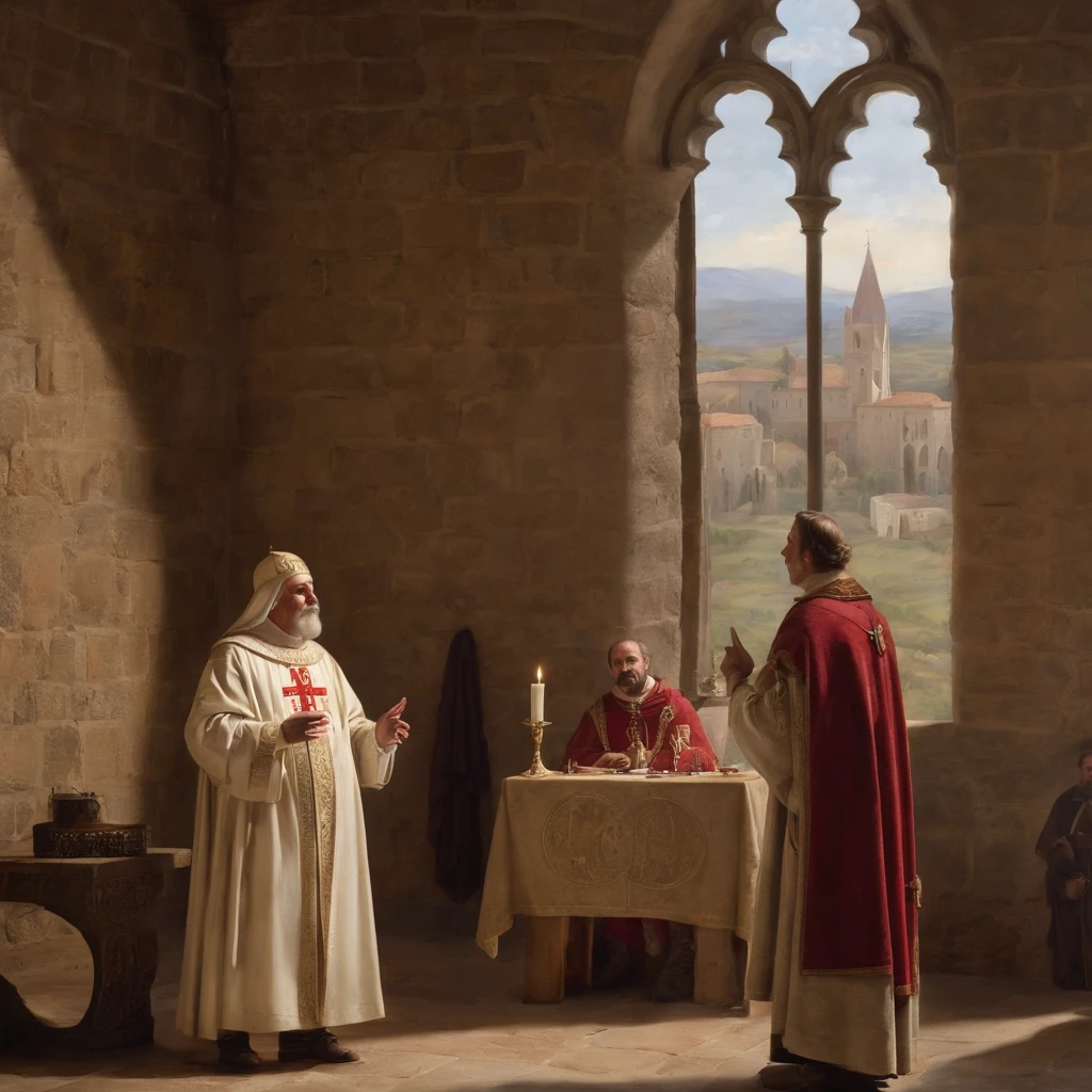 A imagem retrata St. Bernardo de Claraval, um santo antigo, in a speech to the Knights Templar in medieval times. St. Bernard is portrayed as an old man, Appearance wise and serene, wearing a religious habit typical of medieval times.

he's standing, in a prominent position, on a raised platform or makeshift pulpit, so that all may see and hear Him clearly. In his left hand, ele segura uma cruz grande, symbolizing their Christian devotion and faith. A cruz pode ser detalhadamente esculpida e adornada com ornamentos dourados ou prateados.

St. Bernard addresses his address to the Knights Templar, that are positioned in a nearby formation. They are depicted wearing full medieval armor, with its distinctive features, Like the Templar cross on its shields and robes. The Knights Templar are listening intently, showing respect and reverence to the saint.

The surrounding setting is set in a medieval room or chapel, with architectural details characteristic of the time, as Gothic columns, vitrais coloridos e elementos decorativos em pedra. The lighting is soft, vindo de janelas altas, casting a soft glow on St. Bernard and the Knights Templar.