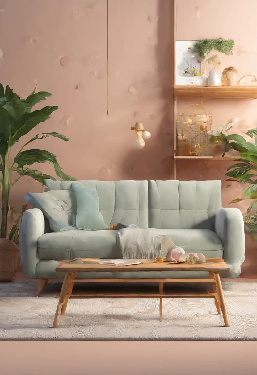 crie uma imagem: Full body illustration of parent ,mae e filha :: sala estante sofa.Personagem 3D, formato 4:3, cinco cores no total, estilo expressivo. Qualidade 5, tamanho 750.