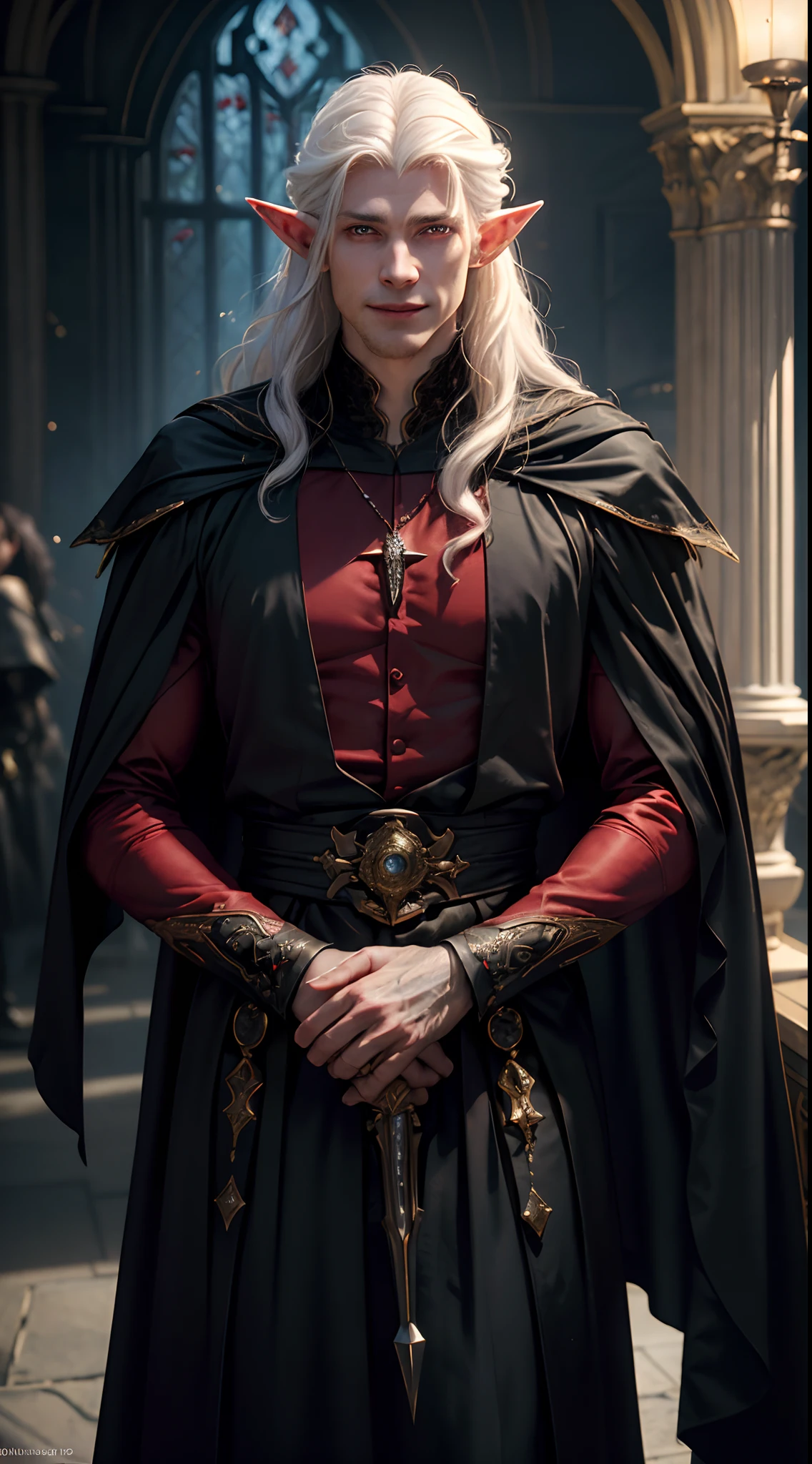 (photorealistic:1.4),(masterpiece),(best quality),(cinematic lighting), luxurious, 8k, detailed, ray tracing, depth of field, cinematic lighting, blood,1 adult male,man,thin,muscle,pointed ear,male elf,pale skin,long curly white hair,red glowing eyes,smile,blood,two daggers,black clothes,black cloak,vampire