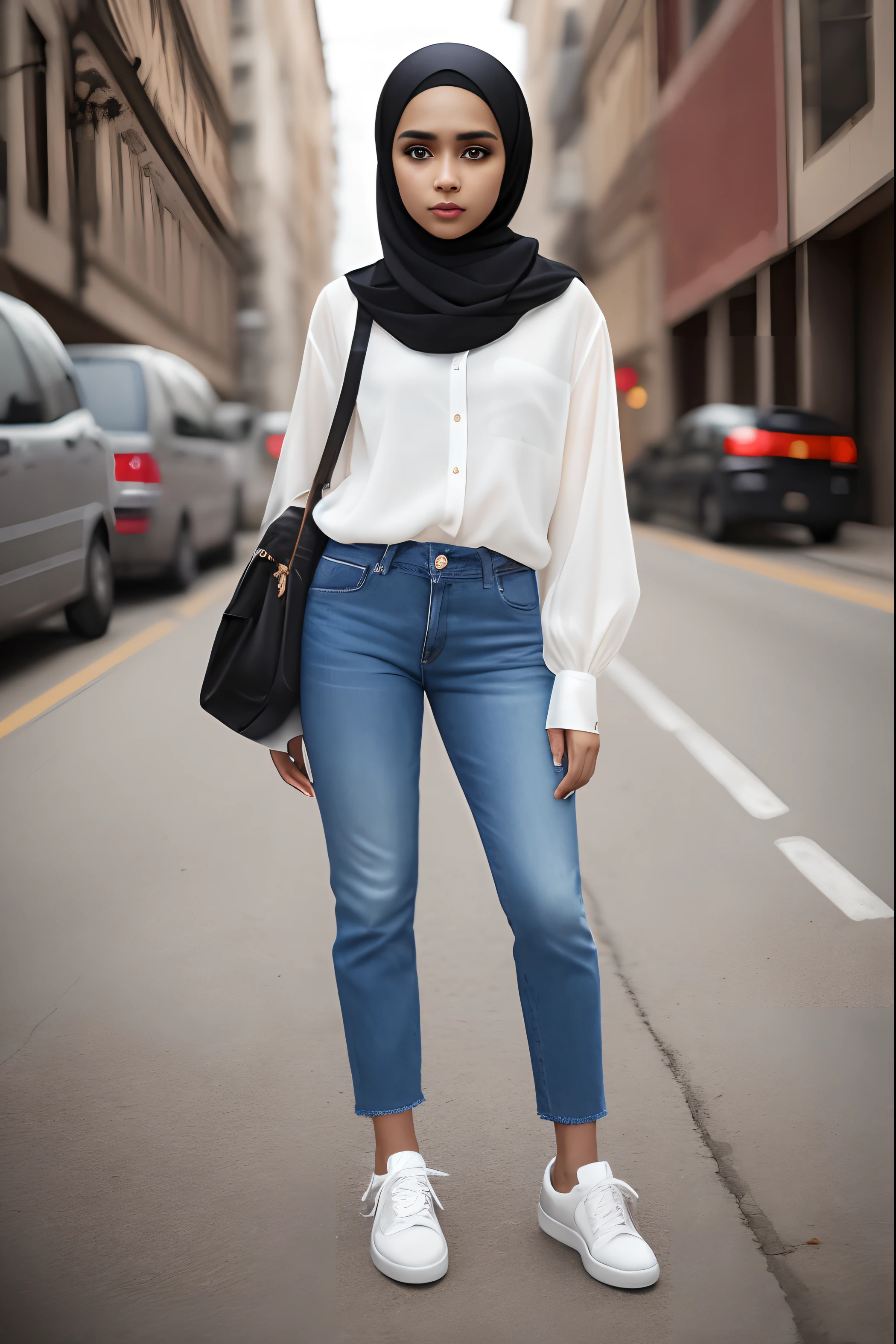 Sweet beautiful Bogor city girl, georgeus face, 22 years old, slim body, wavy hairs, wearing hijab, wearing blue jeans trousers, wearing long sleeve white buttoned dress, wearing high heels,
realistic, very detail,