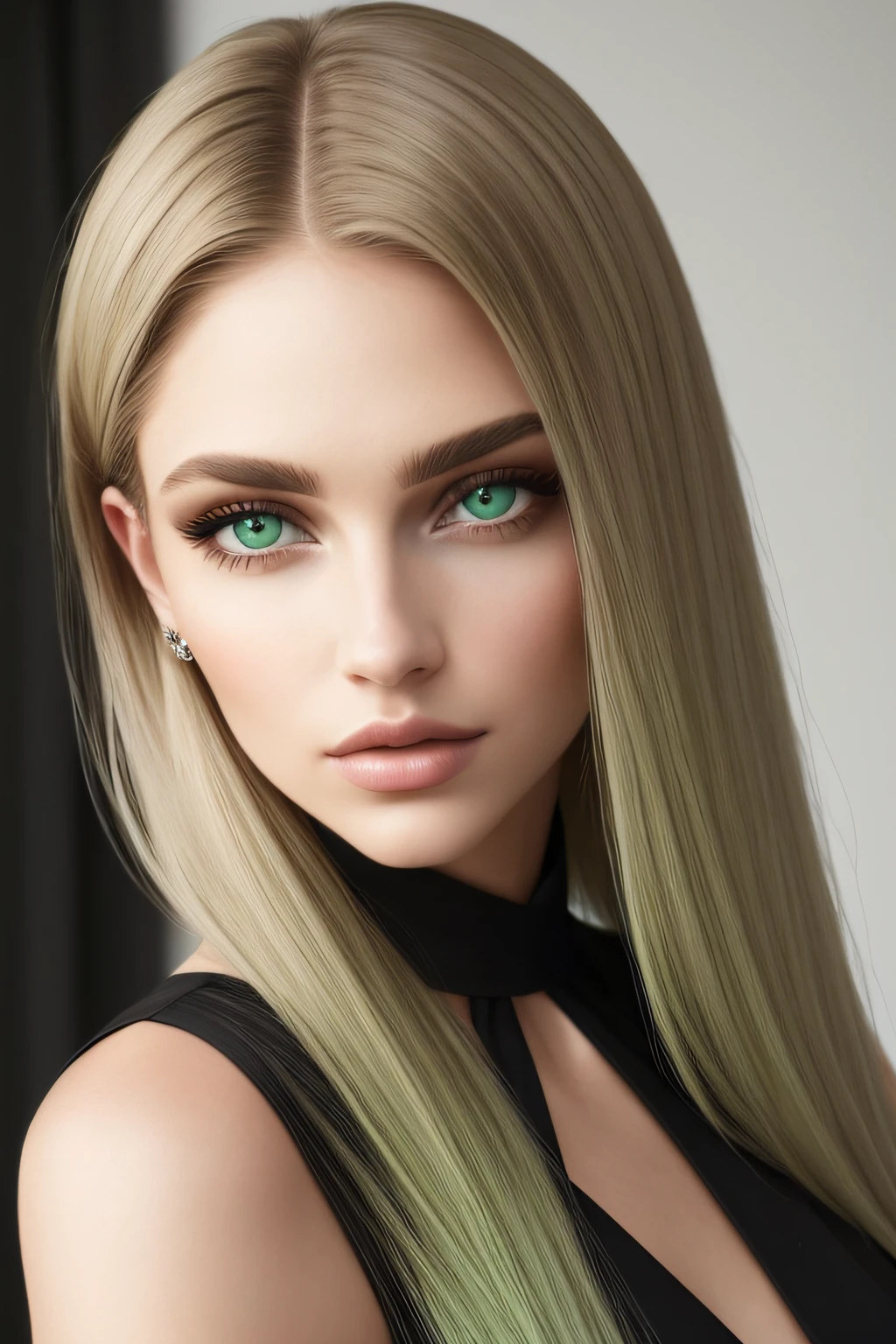 An aesthetic work of art, The woman, hair light, green colored eyes, straight hair, flushed cheeks, full lips, Light brown skin, black dress, Elegance