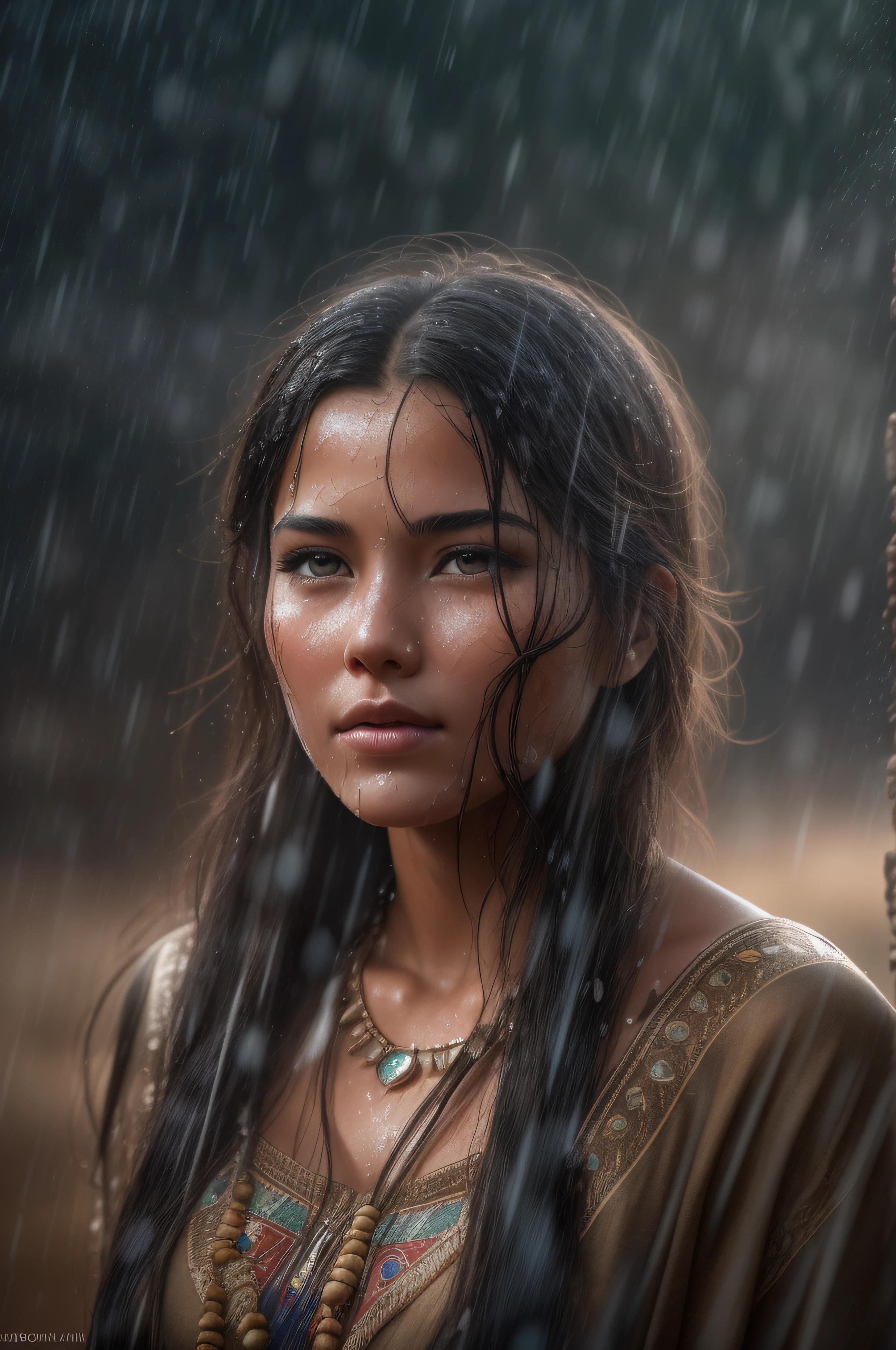 A 19-year-old native beautiful Apache woman with tanned skin and a 20-year-old Apache. Both are dressed in very wet traditional sexy Apache attire., big breasts, her long wet dark brown hair blowing in the wind as they kiss passional. professional photography, natural lighting, volumetric lighting maximalist photo illustration 8k resolution concept art intricately detailed, complex, elegant, expansive, fantastical, realistic beauty, unique eyes, natural beauty, forest, feminine, rain, river bank, sultry beauty, professional portrait, abstract beauty. super detailed photography, Play of light in the sun rain, downpour, ((a drop of water falling from a height onto the surface of the water)), splashes, luminism, intricate, 4k concept art volumetric light, unrealistic engine, global illumination, detailed environment.