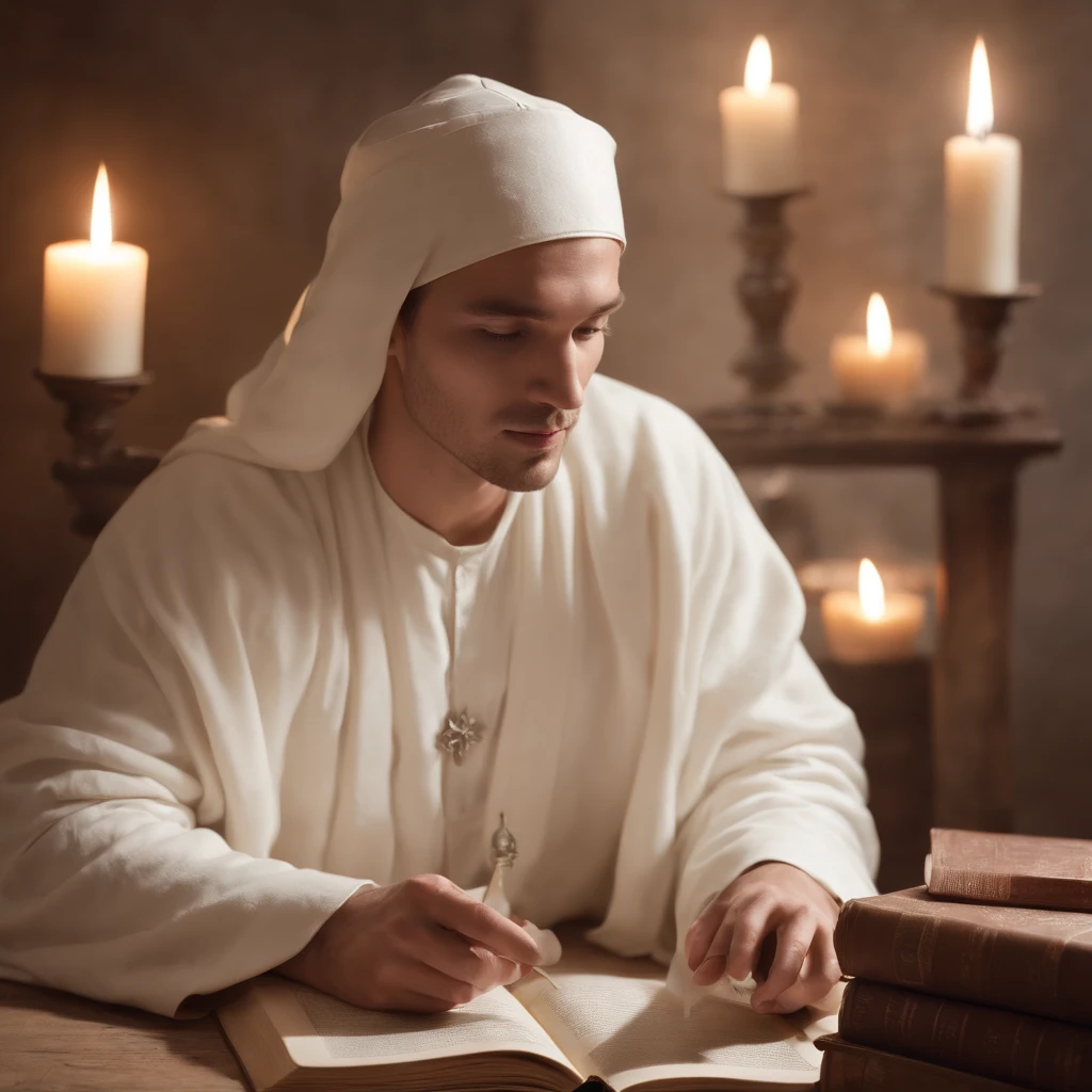 Handsome young wizard in white robe, holy face, Circle of magic books scattered on the ground, Magic books and candles placed around him, Seven mirrors at different angles directly above, Gloomy image, vision, Depth of field, divine light, grain film, Optical illusion, Sketch, Renaissance, Pre-Raphaelite Fraternity, High detail, Back Drawing