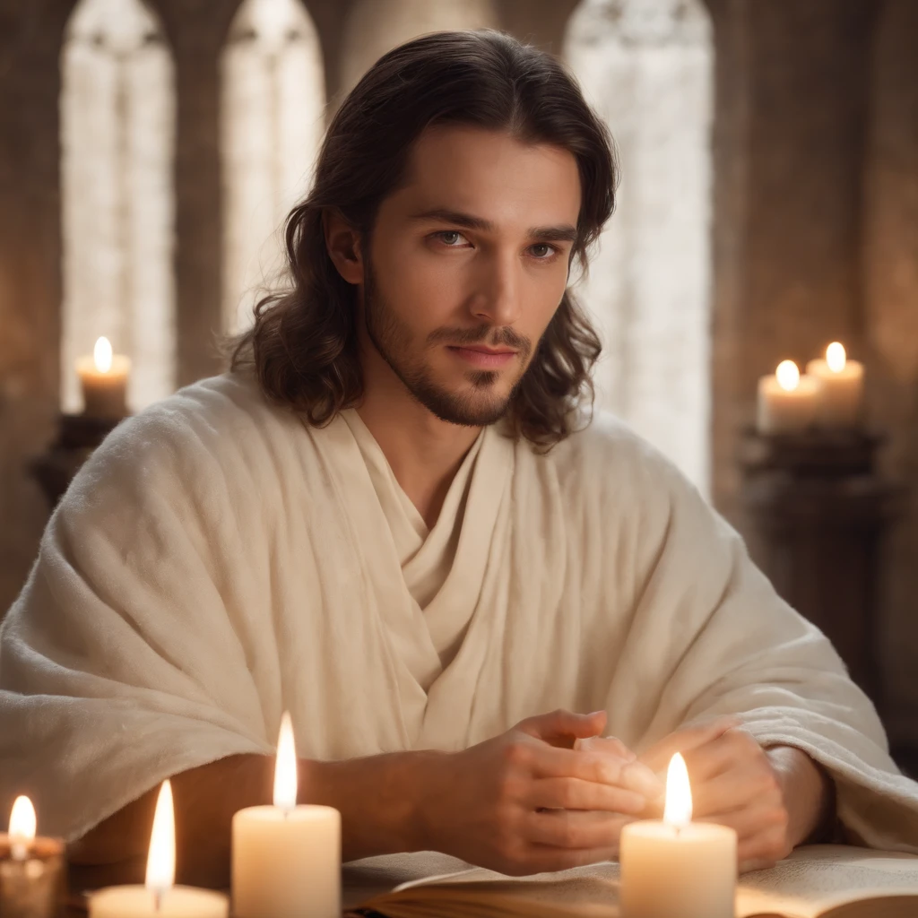 Handsome young wizard in white robe, holy face, Circle of magic books scattered on the ground, Magic books and candles placed around him, Seven mirrors at different angles directly above, Gloomy image, vision, Depth of field, divine light, grain film, Optical illusion, Sketch, Renaissance, Pre-Raphaelite Fraternity, High detail, Back Drawing