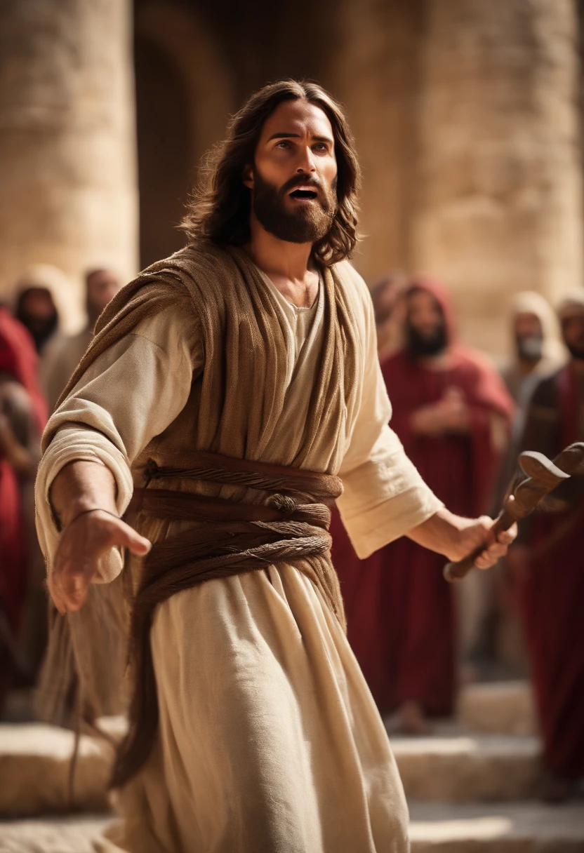 (((renderizado))),((Jesus with a whip in his hands, virando as mesas com dinheiro, Scaring the Temple Moneychangers in the New Testament Period)), (Detail in Jesus' angry expression),(Detailed eyes and beard and hair in high resolution),(fundo patio do templo em jerusalem ),(atmosfera revolta, Ira), Angry photo with professional photo with Canon EOS M6 camera),8k,JERUSALEM IN BIBLICAL TIMES