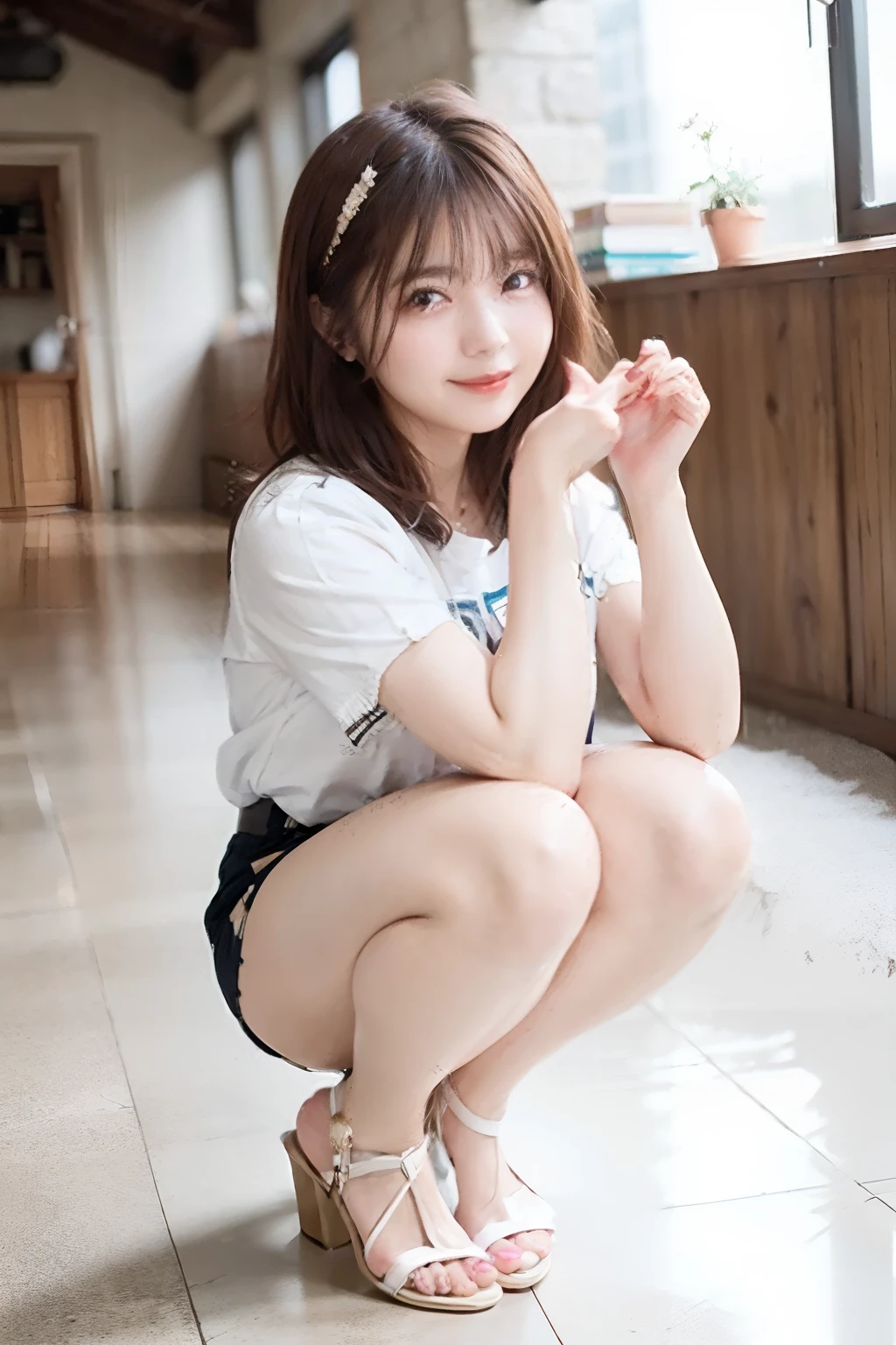 Asian woman in alafe sitting on the ground with legs crossed, pretty face with arms and legs, Korean Girl, chiho, young and cute girl, the anime girl is crouching, Round thighs, Casual pose, Young Pretty Gravure Idol, 19-year-old girl, Sitting on the ground, Engaging pose, Young Gravure Idol, a cute young girl、white color panties、pantie shot,A slight smil、high-heels、