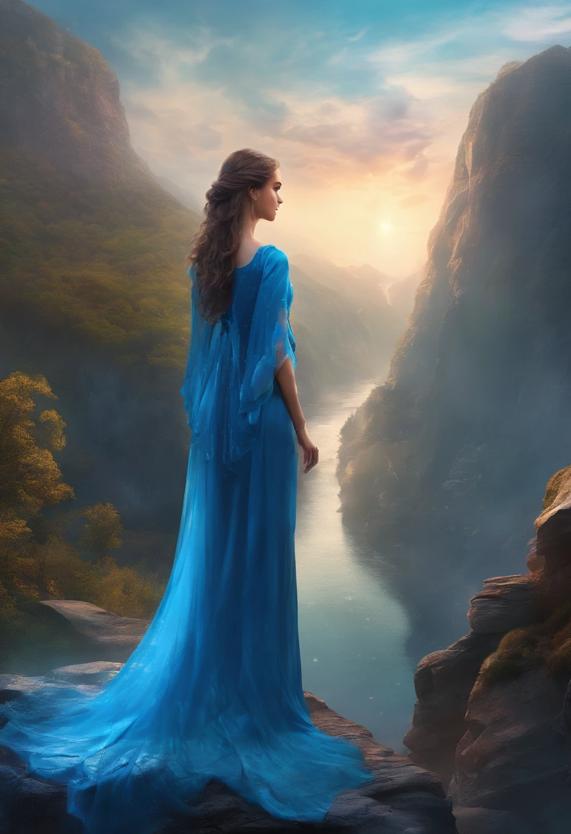 arafed woman in blue dress standing on a cliff overlooking a river, cinematic photograph
