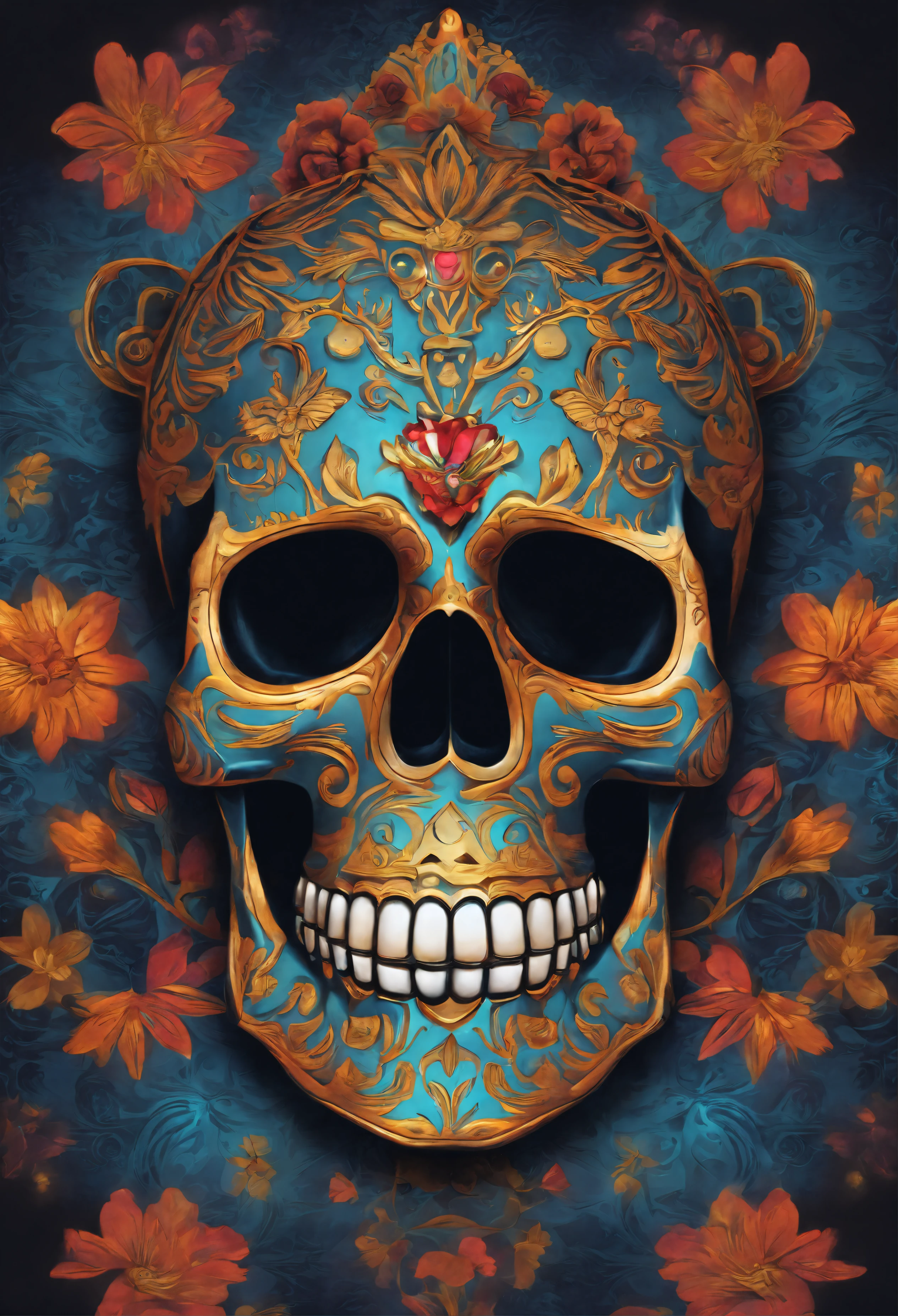 brightly colored skull with a blue tie dye background, digital art by Jon Coffelt, tumblr, digital art, ( ( god king of ai art ) ), aztec skull, sacred skull, glowing aztec tattoos, day of all the dead, el dia los muertos!, dia de los muertos. 8 k, el dia los muertos, god king of ai art