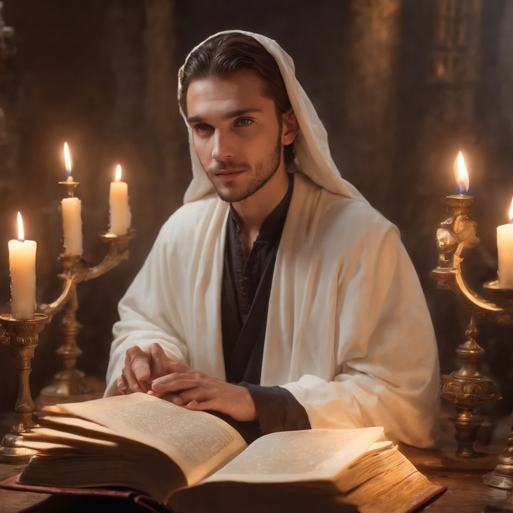 Handsome young wizard in white robe, holy face, Circle of magic books scattered on the ground, Magic books and candles placed around him, Seven mirrors at different angles directly above, Gloomy image, vision, Depth of field, divine light, grain film, Optical illusion, Sketch, Renaissance, Pre-Raphaelite Fraternity, High detail, Back Drawing