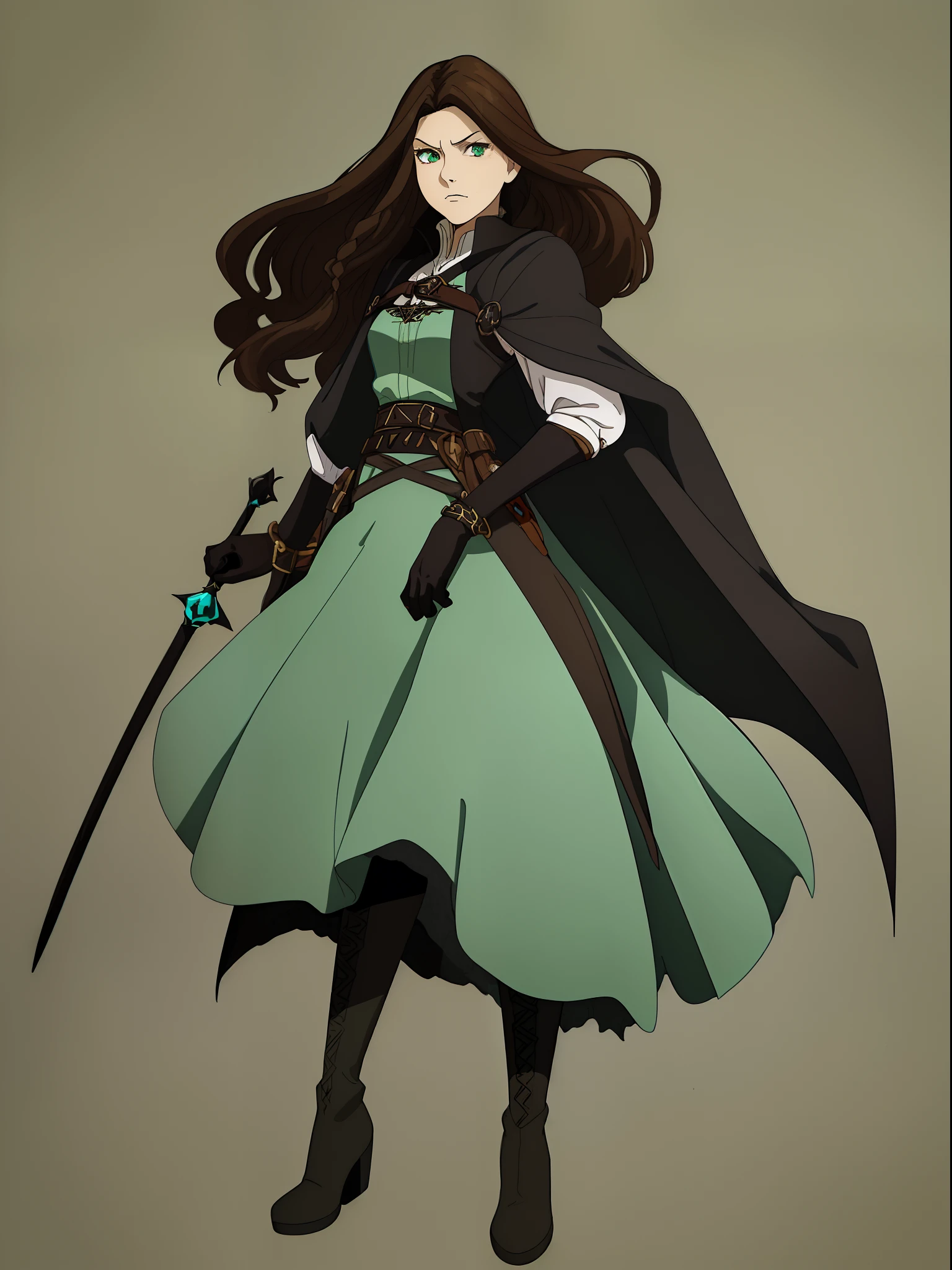 Young woman sorcerer, woman elementalist, dark hair, brown hair, long hair, turquoise Eyes, White shirt, black vest, dark cloak, dark green skirt, long skirt, black stockings, high boots, black bracers, black gloves, inspired by hiromu arakawa, medival style, knight age