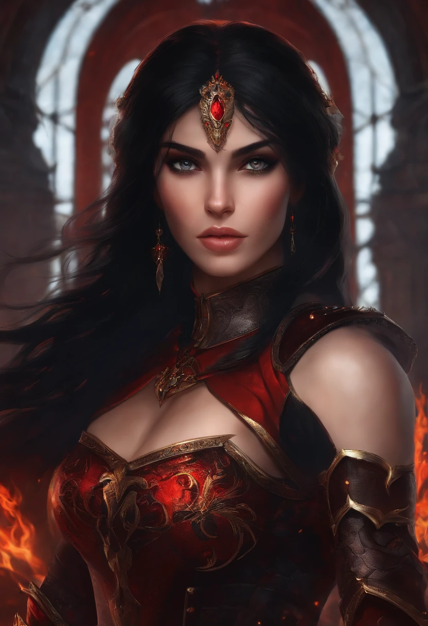 1girl, black hair, armor black, eyes red, sword black flames, castle